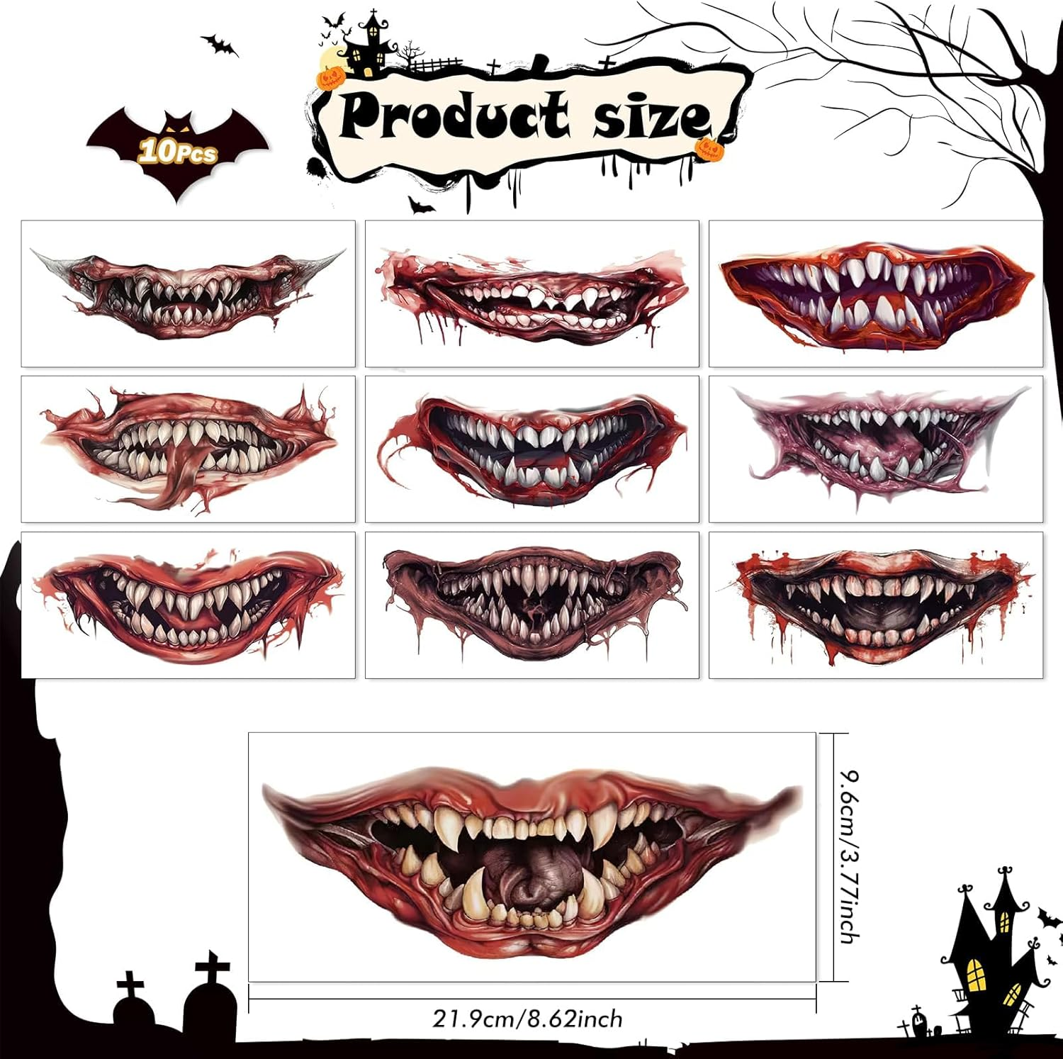 Halloween Temporary Tattoos Zombie Prank Make up Accessories, 20 Sheets Horror Big Mouth Face Tattoos Scars Wound Bloody Stickers Realistic Fake Tattoo for Adults Halloween Cosplay Face Body Art image number 6