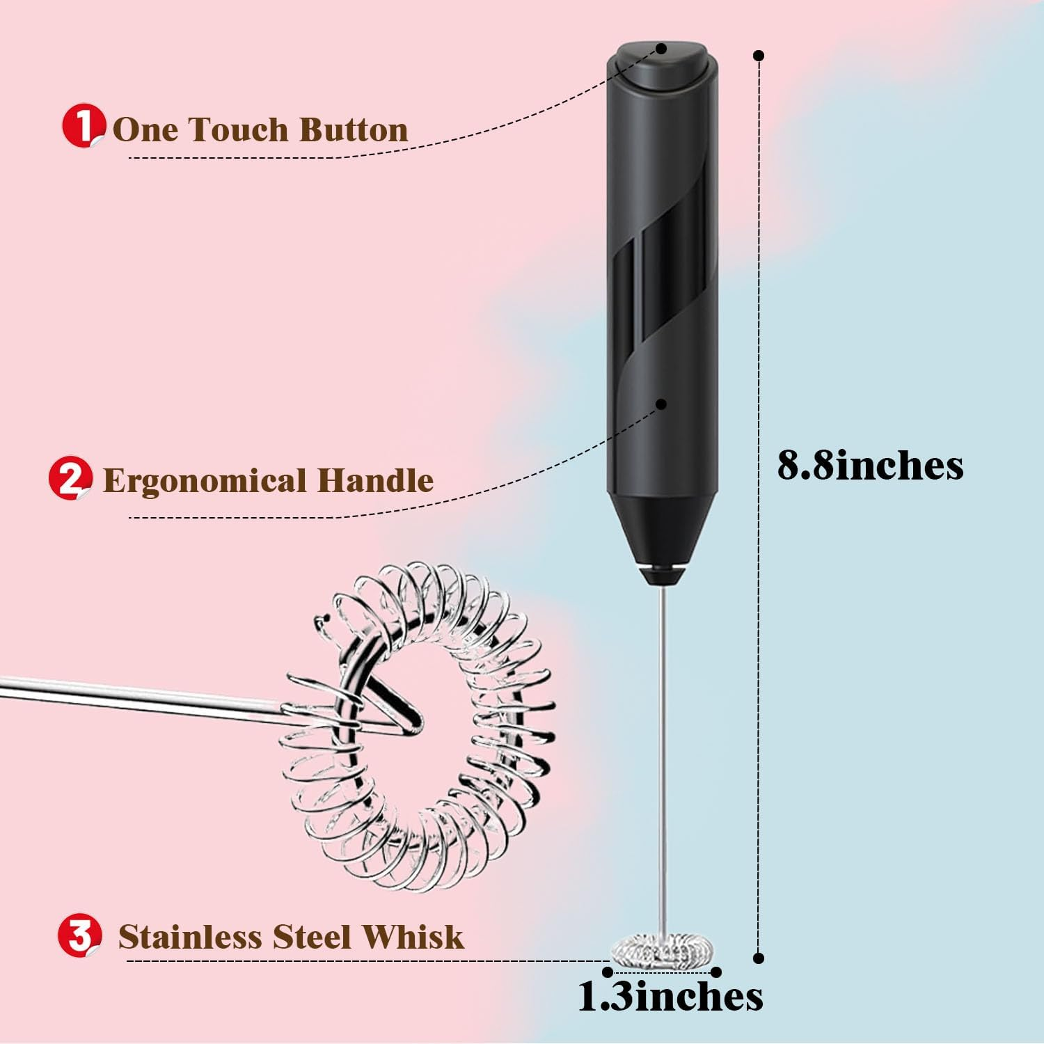 Handheld Milk Frother for Coffee & More - Electric Whisk for Lattes, Cappuccino, Matcha, Frappe & Eggs | Battery-Powered Drink Mixer | No Stand Needed (Black/Stainless Steel)