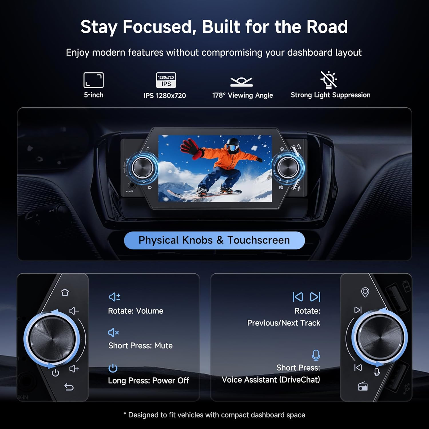 Single Din Car Stereo Wireless Carplay&Android Auto, 5-Inch Android Head Unit with Wifi/Bluetooth, USB QC 2.0 Fast Charging, GPS Tracking, Aux-In, Micro SD Card Slot, LRV, SWC, A5LG1A5T image number 5