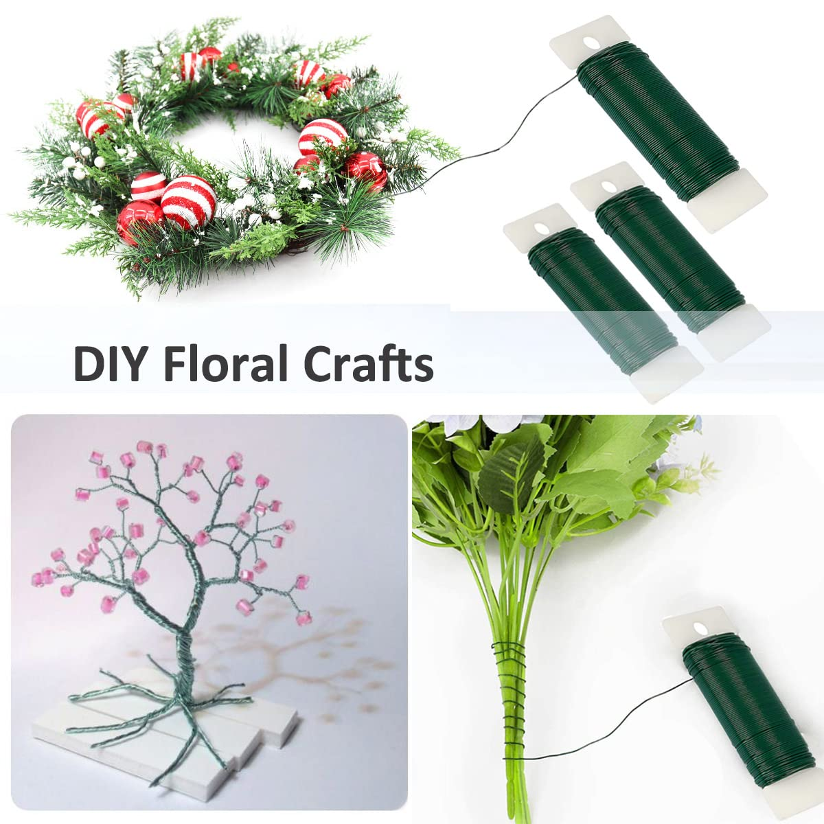 Green Floral Wire, 3 Pack 118 Yards 22 Gauge Flexible Paddle Wire for Christmas Wreaths, Trees, Garlands and Floral Arrangements