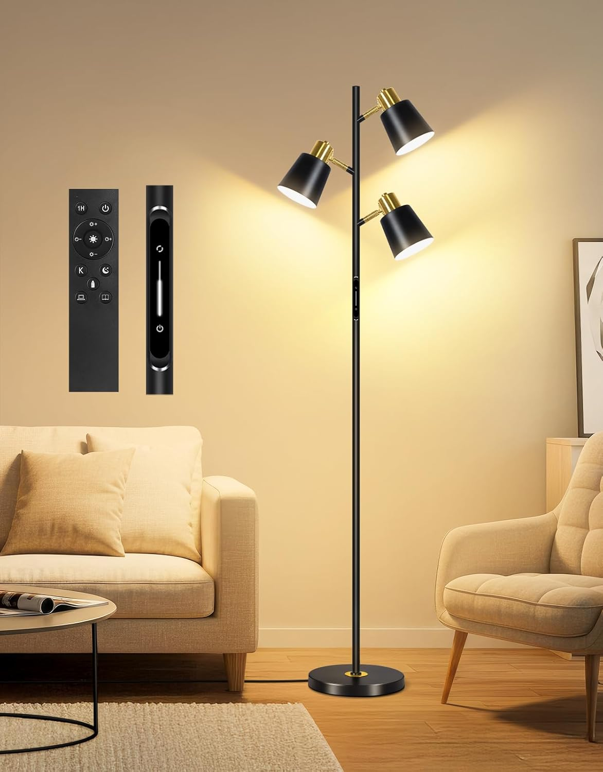OUTON LED Tree Floor Lamp, Modern Dimmable Standing Lamp with Remote & Touch Control, 4 Color Temperatures, 3 Rotatable Industrial Floor Lamps for Living Room Bedroom Office, Black image number 3