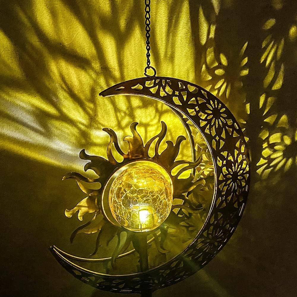 Solar Wind Chimes for Garden - LED Cracked Ball Light with Moon & Sun Design, Waterproof Outdoor Decor image number 5
