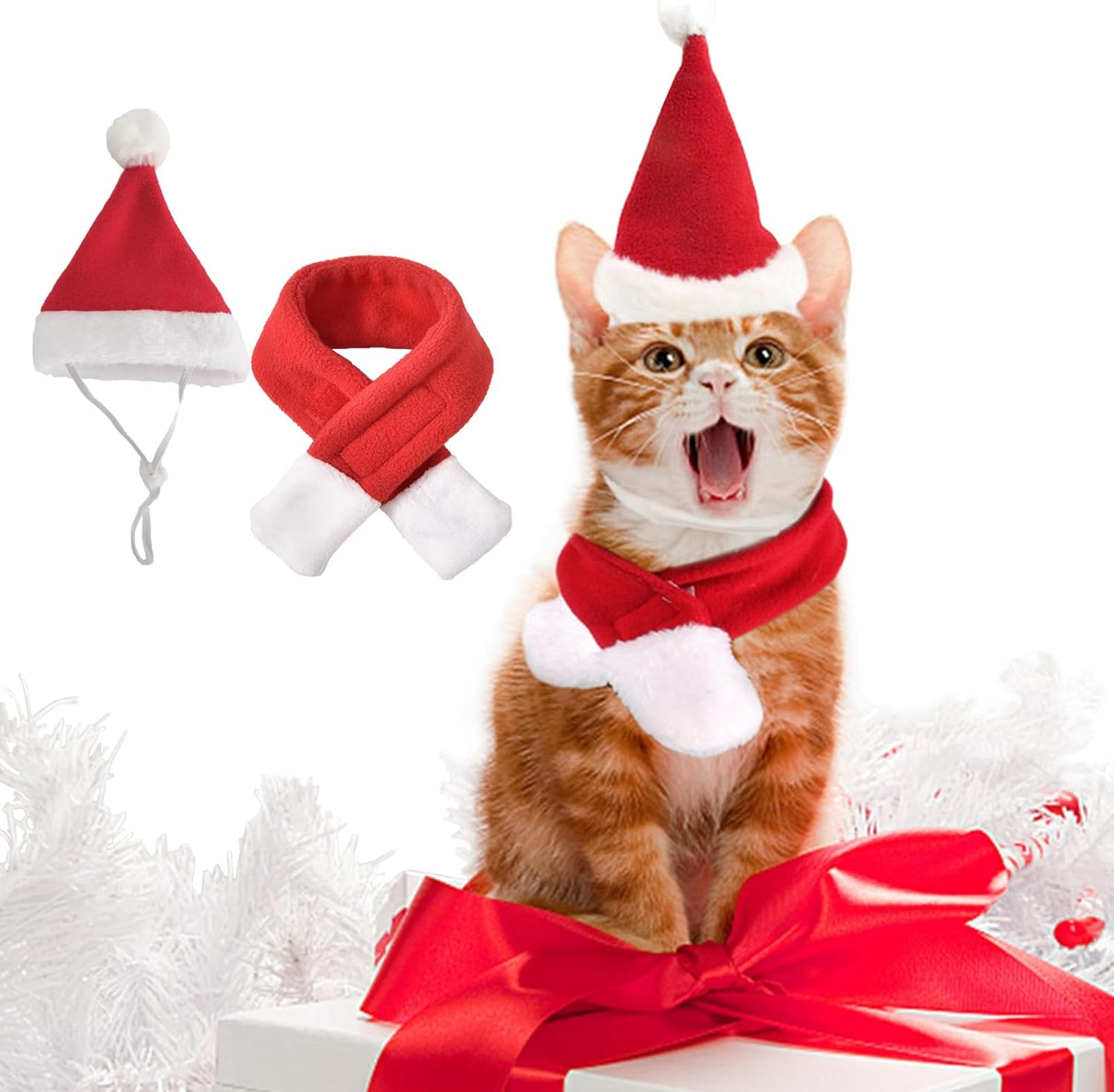 2 PCS Hat & Scarf Pet Costumes Christmas Pet Dress up Pet Cosplay Cat and Dog Costumes for Party (L-6) image number 3