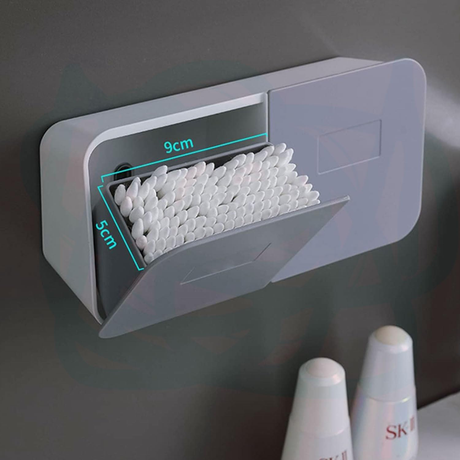 YIRANJIA Wall-Mounted Cotton Swab Holder - Bathroom Vanity Organizer for Cotton Swabs, Rounds & Sponges (White Grey) image number 2