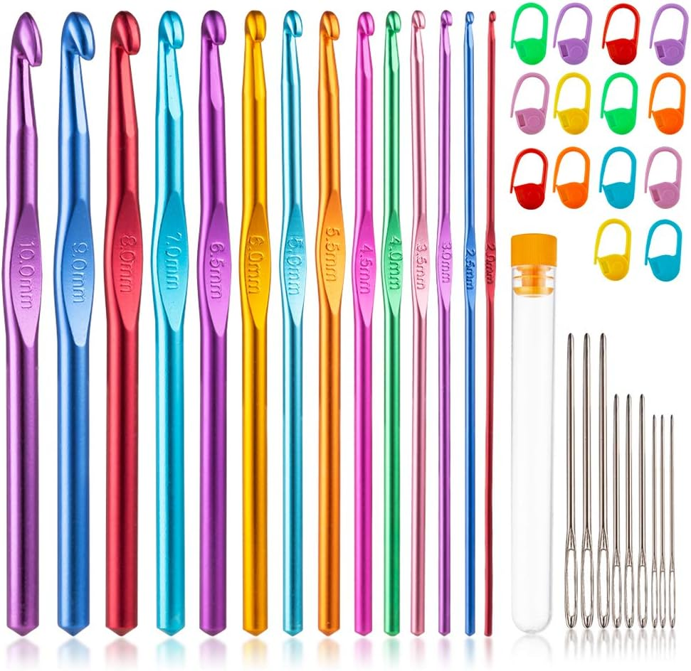 Vodiye 37 PCS Crochet Hooks Set, High Quality Coloured Aluminum Ergonomic Handle Crochet, Hook Needles for Arthritic Hands, with Stitch Markers and Large-Eye Blunt Needles image number 3