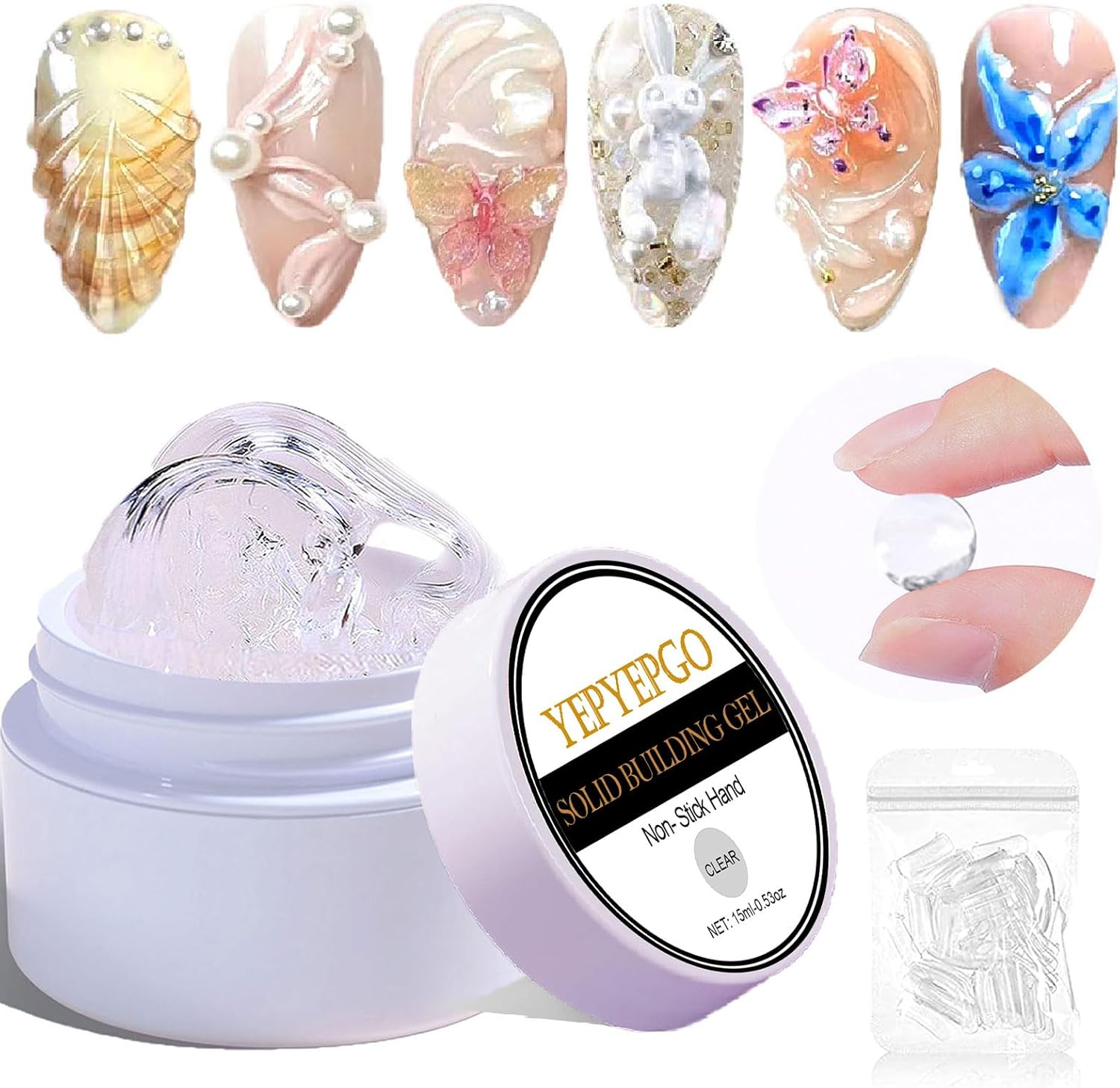 YEPYEPGO Solid Builder Sculpture Gel for Nails - Non-Sticky Hand 3D Sculpting Gel with Nail Forms, Nail Extension Nail Art Home Manicure DIY for Women, Clear 15G