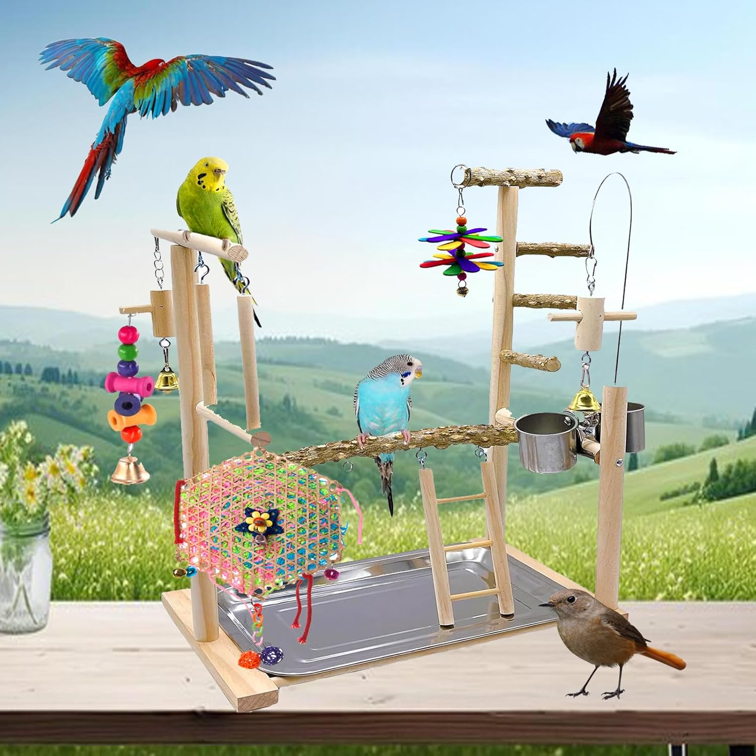 Bird Playground,Parrot Playstand Bird Toys,Bird Perch Stand Gym Set with Swing Ladder Feeder Cups Bird Ladder,Bird Cage Accessories for Parakeets Cockatiels Lovebirds Conure Budgies image number 4