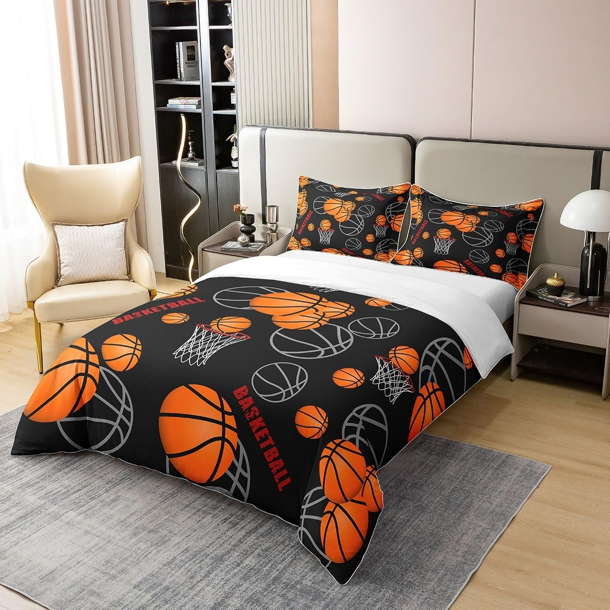 Erosebridal Basketball Twin Comforter Cover for Boys, Sports Games Themed 100% Organic Cotton Bedding Set, Gifts and Decor Duvet Cover, Orange Black Bed Cover image number 6