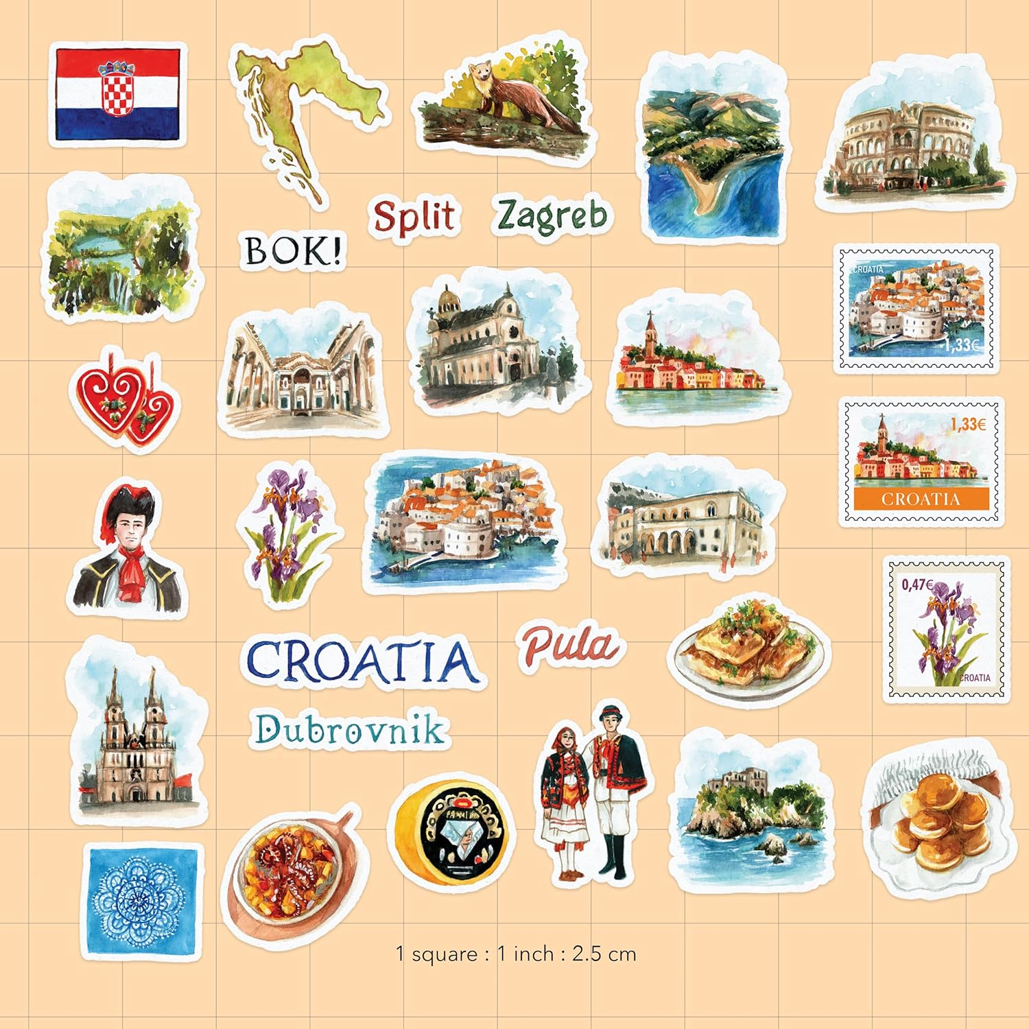 Navy Peony Captivating Croatia Travel Stickers (31 Pieces) - Watercolor, Croatian Vacation Decals for Journals, Scrapbooks, Water Bottles, Suitcase image number 3