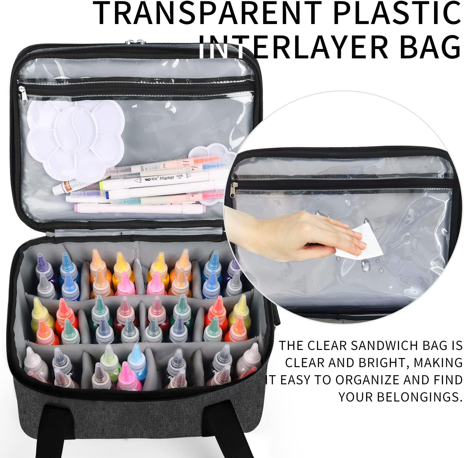 ALTLLEN Acrylic Paint Storage Case, Black, Unisex, Plastic and Leather, Ideal for Artists On-The-Go image number 4