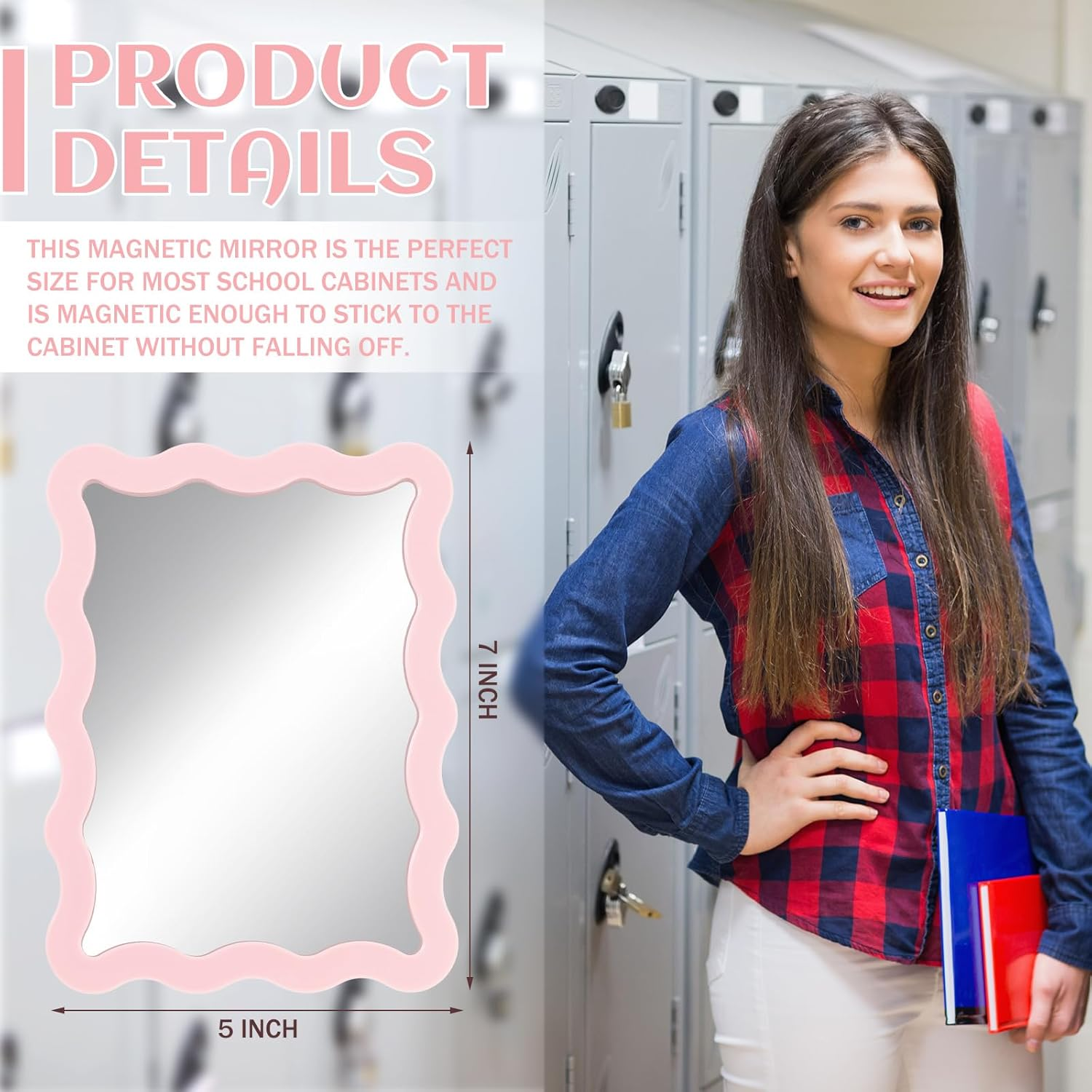 Leinuosen Scalloped Magnetic Locker Mirror 5''X7'' Small Real Glass Makeup Mirror with Magnetic Backing Cute Locker Decorations for Office Cabinet Lockers Accessories(Light Pink) - Blue image number 3