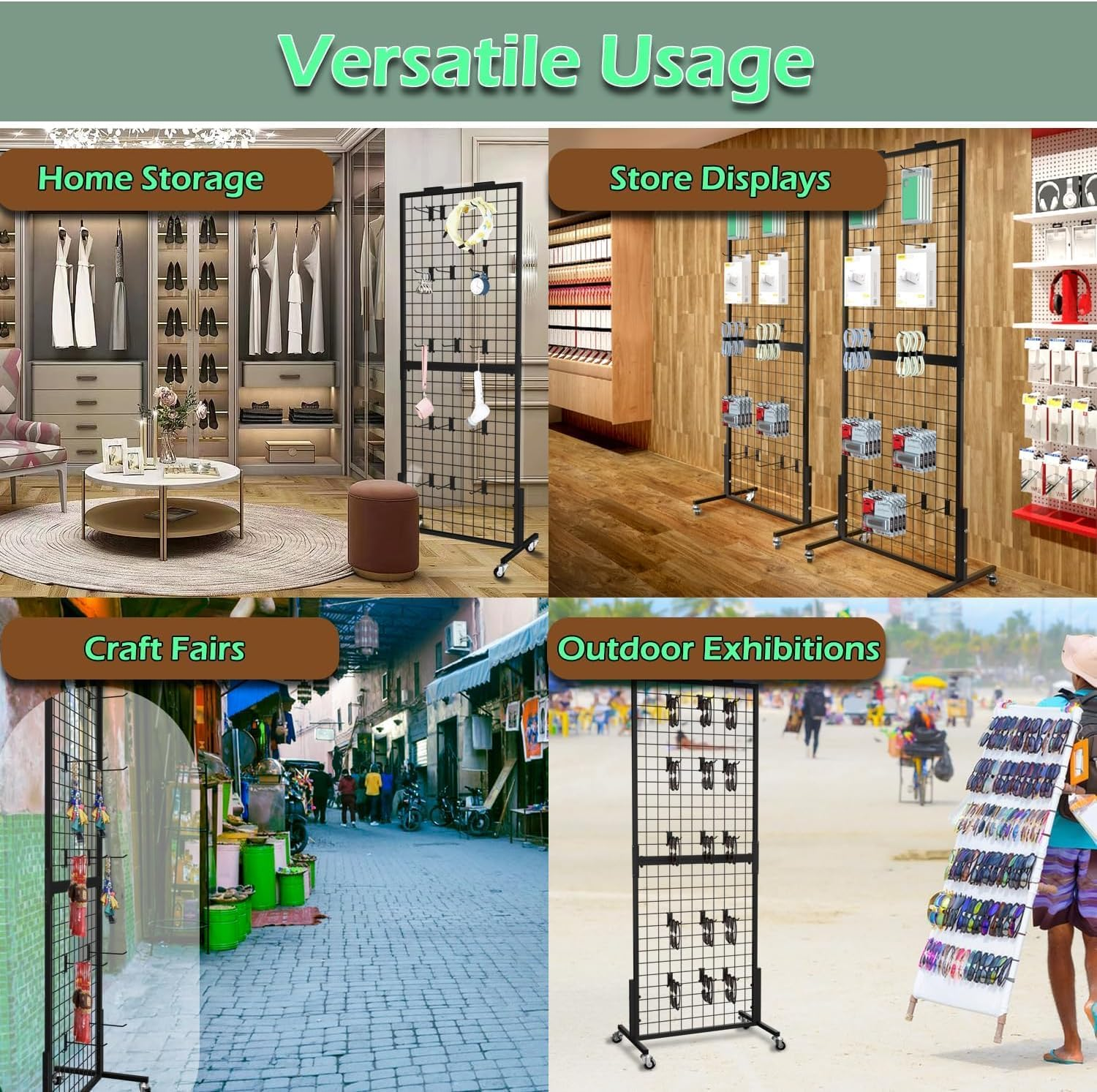 Lhysn Grid Wall Panel Display Stand, Retail Rack, Shop Display Rack, with 15 Hooks, Heavy Movable Detachable Gird Rack for Easy Transport, Party/Double Side Display Stand, for Shop/Office/Home (1 PC) image number 5