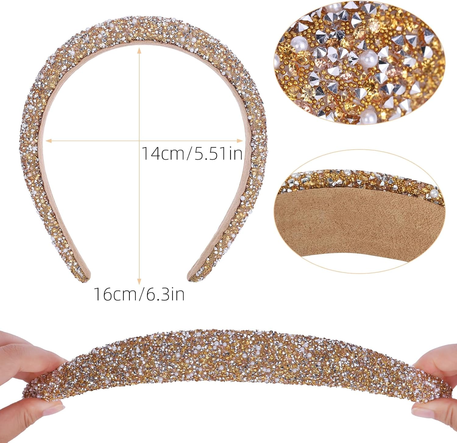 Rhoxshy 2 Pack Rhinestone Headbands for Women Crystal Rhinestone Headband with Pearls Sparkly Diamond Hairband Sequin Beaded Pearls Padded Headbands Jeweled Hair Accessories (Gold & Gray)