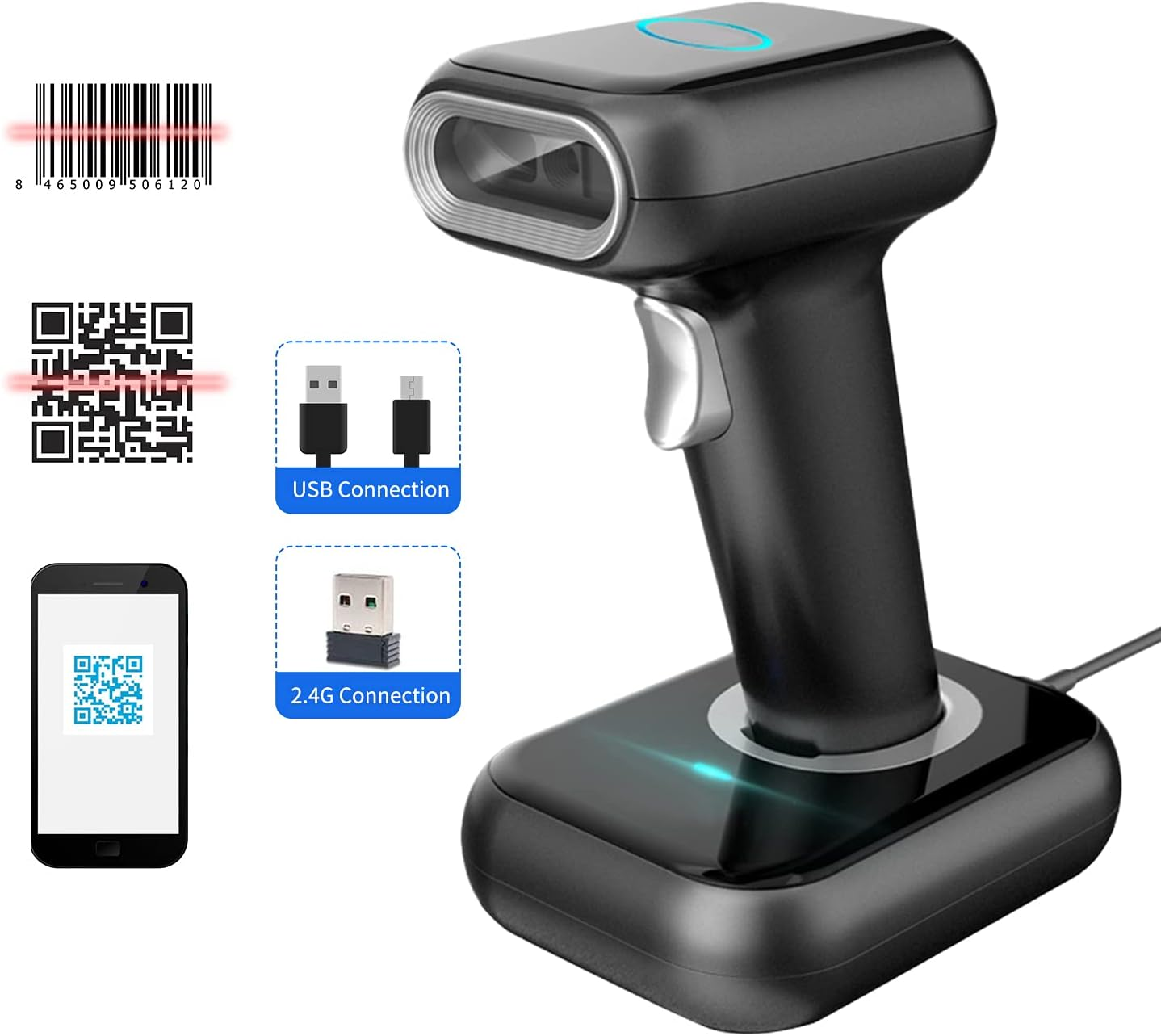 Eacam Barcode Scanner 1D/2D/QR Code Scanner High Speed Scanner 2.4G Wireless & USB Wired Bar Code Reader with Multi-Functional Base for Supermarket Retail Library Logistics Warehouse image number 4