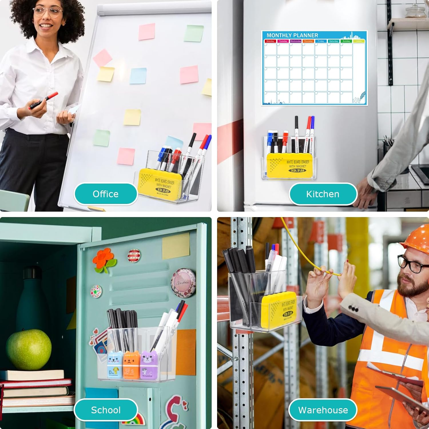 SAYEEC 2 Pack Acrylic Pen Holder Magnetic Dry Erase Marker Holder with 4 Magnet Sheets 3 Compartments Clear Desk Makeup Brush Organizer Pencil Cup Caddy for Fridge Whiteboard Cosmetic Office School image number 3