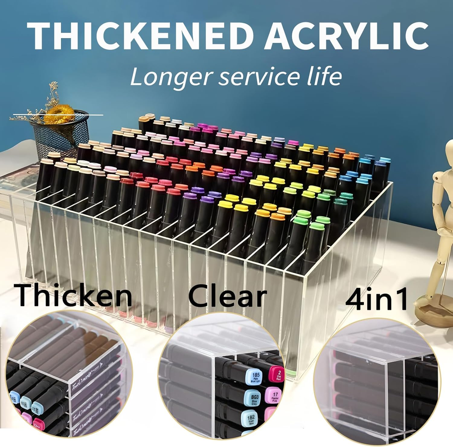 256 Markers Acrylic Marker Organizer, Clear Pencil Holder Markers - Large Horizontal Art Marker Storage Rack for Desk, Vertical Marker Holder Shelf for Acrylic Paint Pens image number 4