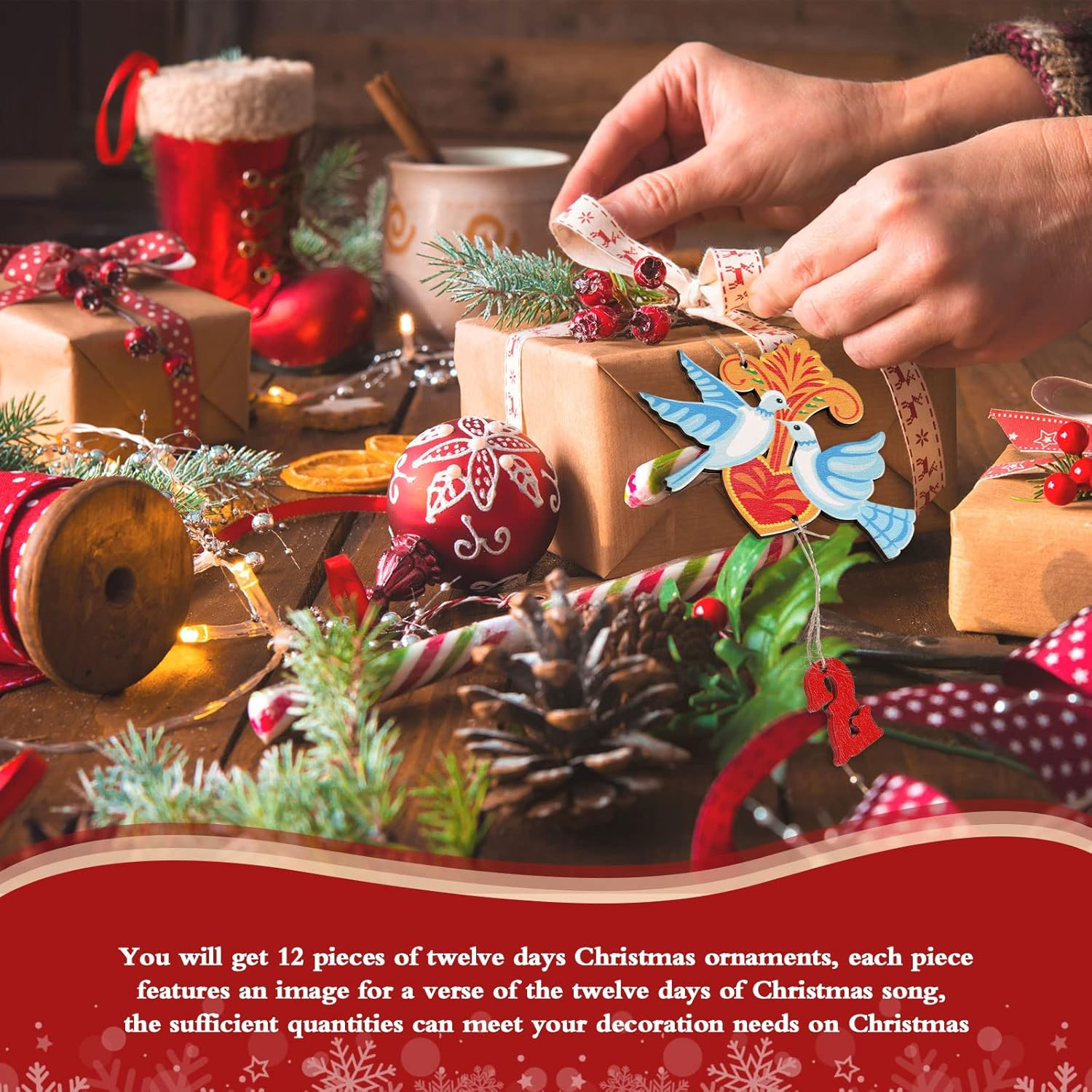 12 Pieces 12 Days of Christmas Ornaments Set Wooden Christmas Ornament 3.15 Inch Colorful Xmas Twelve Days of Christmas Ornaments Hanging Christmas Ornaments for Christmas Tree (Irregular Style) image number 1