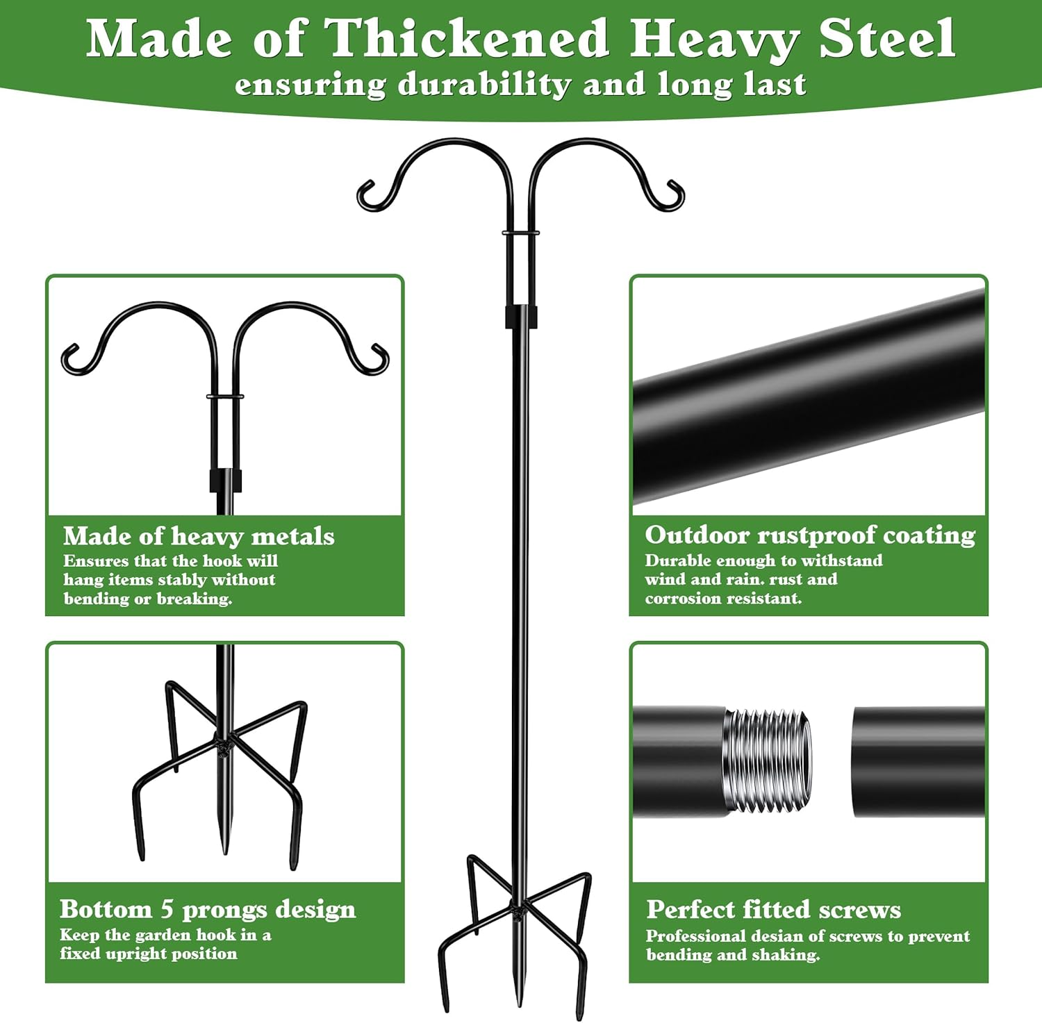 Double Shepherd Hooks for Outdoor, XICEN 79 Inch Heavy Duty Bird Feeder Pole for Hanging Bird Feeder, Garden Hooks Plant Baskets, Garden Plant Hanger Stands with 5 Prong Base (Black-2 Pack) image number 4