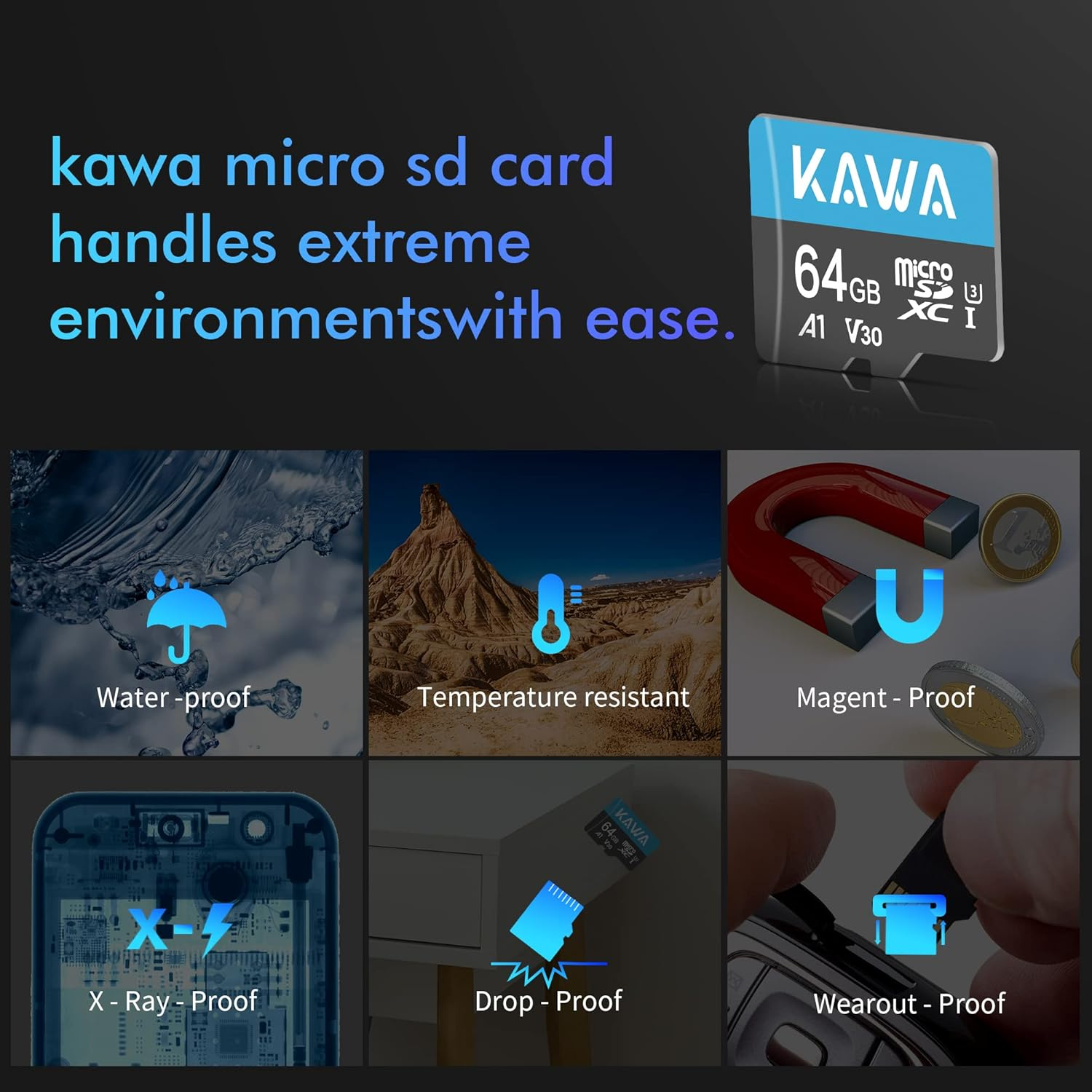 KAWA 64GB Micro SD Card, High Endurance Video Monitoring Card, Microsdxc Flash Memory Card, A1, U3, Class10, V30, High Speed TF Card for Dashcam, Security Camera, Baby Monitor, Phones, Tablets, Drones image number 4