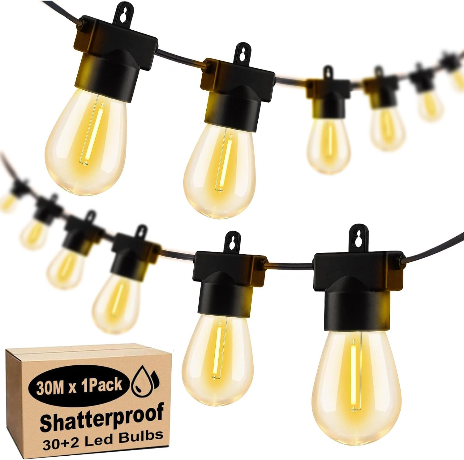 Roccar Festoon Lights Outdoor 30M, 1Pack Outdoor String Lights with 30+2 S14 LED Bulbs, Waterproof and Shatterproof Plug-In Outdoor Lights，2700K Warm White Fairy Lights for Party, Garden, Yard image number 5