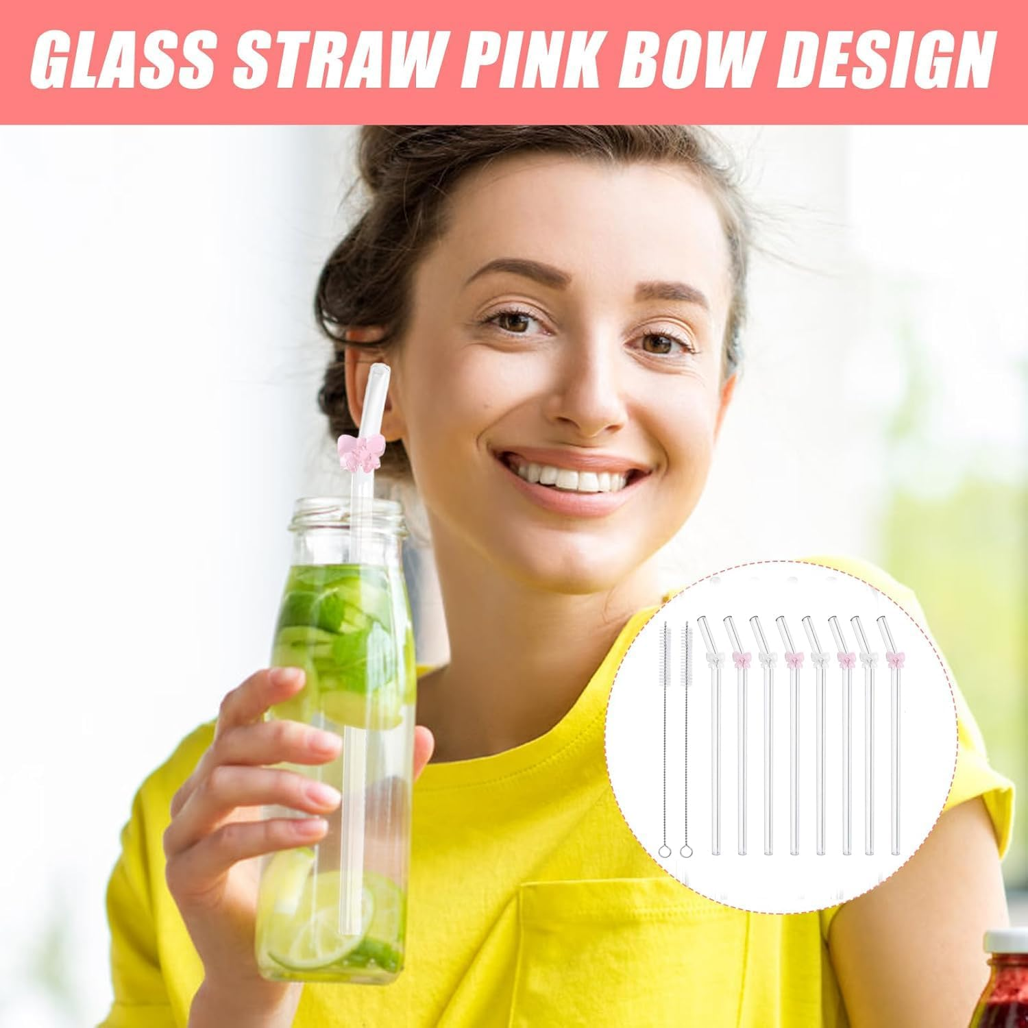 WADY 8 Pcs Reusable Glass Straws with 2 Cleaning Brushes - Colorful Shatter Resistant Drinking Straws, Dishwasher Safe for Juice/Smoothie/Tea, Eco Friendly Bow Design Straws image number 2
