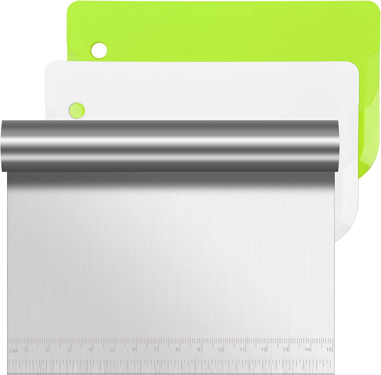 Vicloon 3 Pcs Dough Scraper Cutter, Stainless Steel Dough Scraper with Handle and Measuring Scale, Pastry Cutter Plastic Scraper Smoother Tool Set for Bread Pizza Cake Dough Baking Shaping image number 1