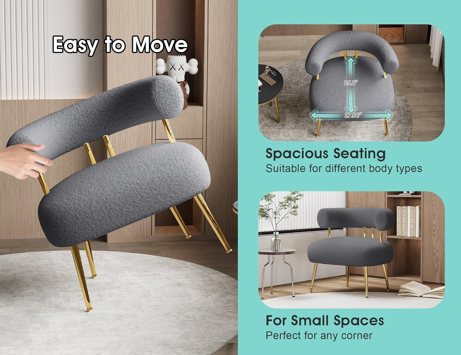 SEYNAR Mid Century Sherpa Boucle Accent Chair, round Upholstered Barrel Arm Chair for Small Spaces, Fluffy Side Corner Sofa Armchair for Living Room, Bedroom, Vanity, Office, Reading Nook(Grey) - Gray image number 5