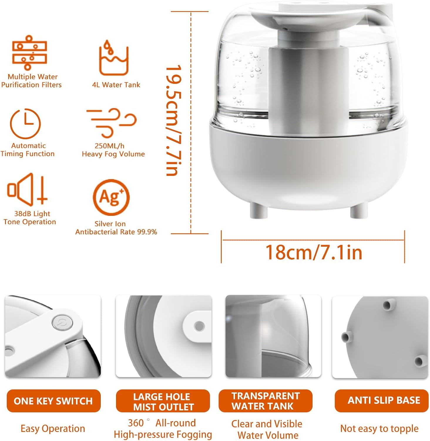 Air Humidifier for Bedroom, 4L Large Capacity Dual Spray Humidifier, Night Light, 2 Spray Modes, Auto Shut Off, Quiet, for Plant, Home, Office (White) image number 6