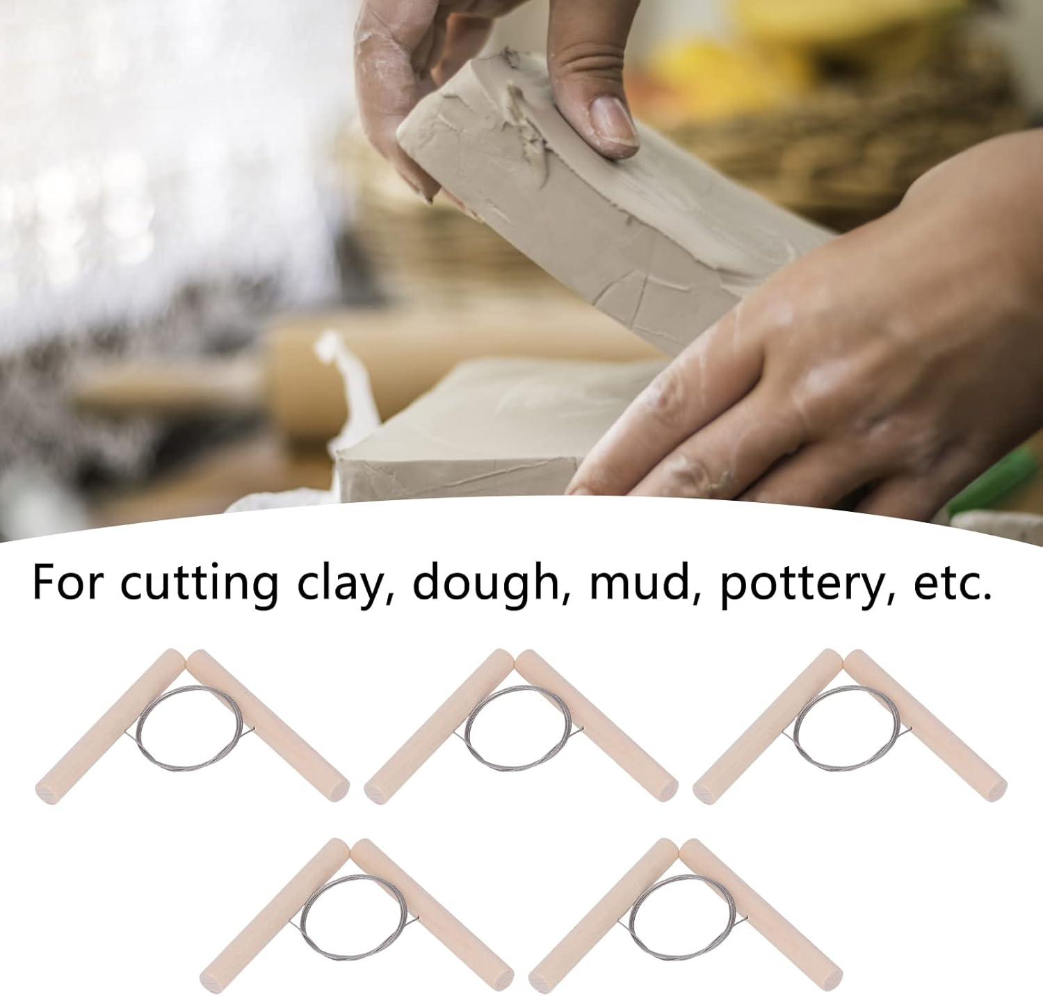 Clay Cutter, 5 Pcs Stainless Steel Wire Cutting Pottery Tools with Double Wooden Handle, Portable Wire Clay Cutter, Cut off Tools for Clay, Ceramic, Art Sculpture, Cheese, Dough image number 6