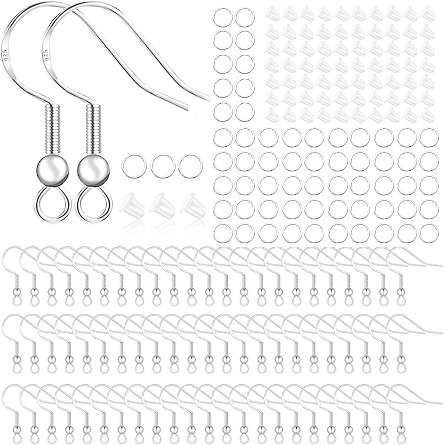 925 Sterling Silver Plated Earring Hooks 150 PCS/75 Pairs,Ear Wires Fish Hooks,500Pcs Hypoallergenic Earring Making Kit with Jump Rings and Clear Silicone Earring Backs Stoppers (Silver)