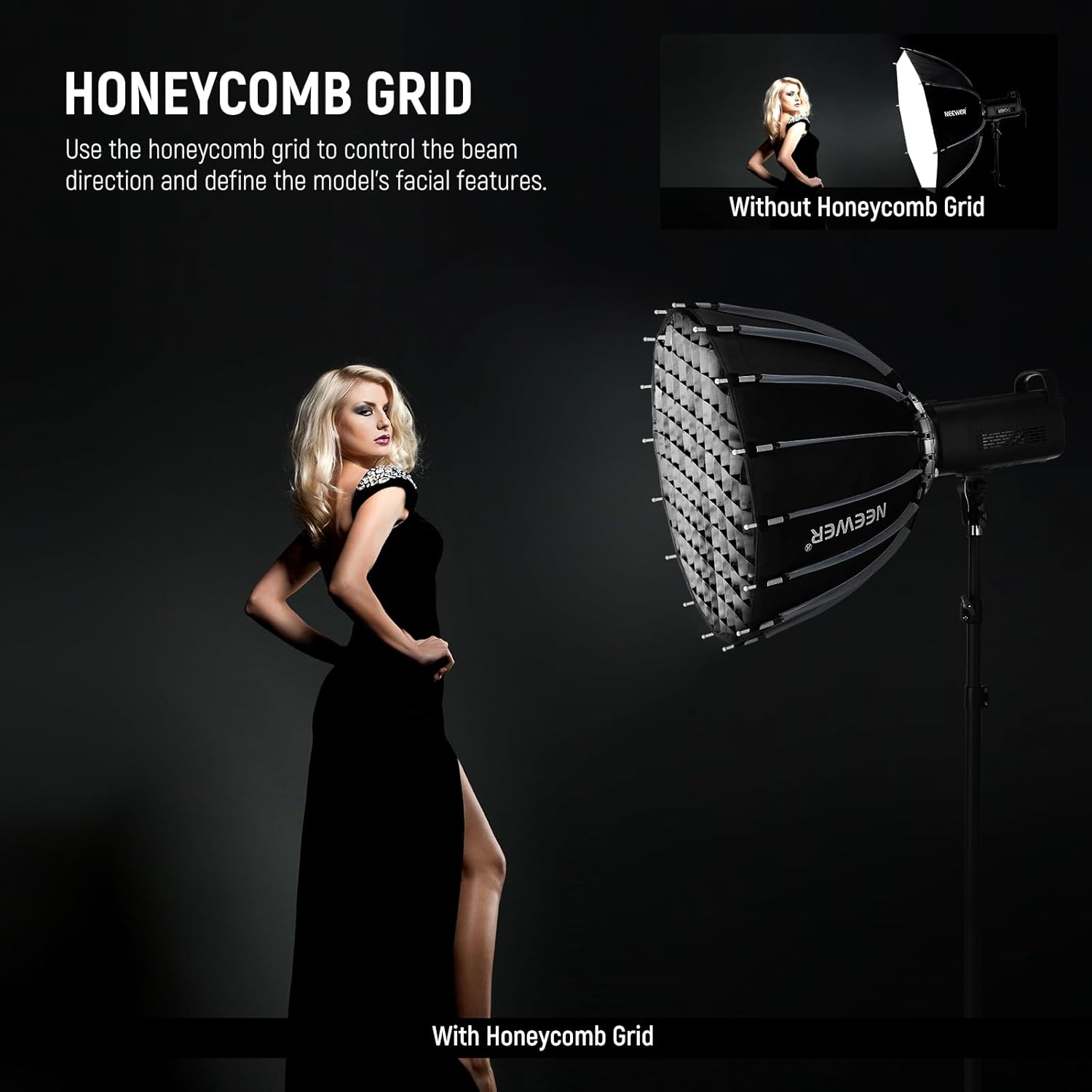 NEEWER 22Inch/55Cm Parabolic Softbox Quick Set up Quick Folding, with Diffusers/Grid/Bag, Compatible with Aputure 60X S 150C 300C NEEWER RGB CB60 MS60B MS60C CB200B and Other Bowens Mount Lights image number 5