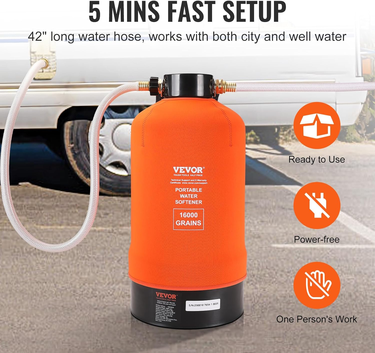 VEVOR RV Water Softener, 16,000 Grain Portable Water Softener, with 3/4" Brass Fittings and 42" Hose, Soften Hard Water Filter System for Rvs, Trailers, Boats, Mobile Car Washing, Pressure Washing