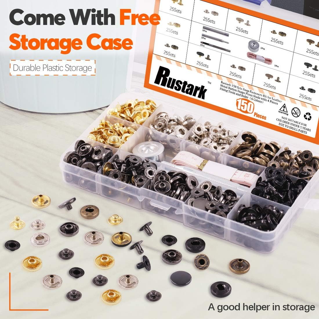 Rustark 150 Sets Leather Snap Fasteners Kit, 6 Colors Metal Button Snaps Press Studs with 4 Pieces Installation Tools for Leather Craft, Jackets, Jeans Wears, Bracelets and DIY Craft (12.5Mm) image number 6