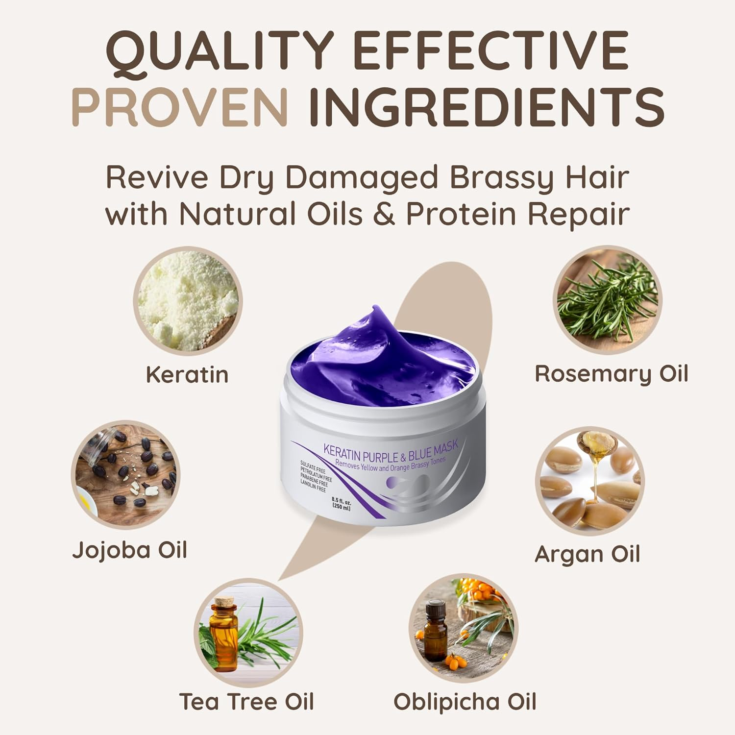 VITAMINS Hair Cosmetics Keratin Purple Hair Mask - Violet Blue Protein Deep Conditioner Treatment - Toner for Blonde Platinum Silver Gray Ash or Brown Colored Dry and Damaged Brassy Hair image number 4