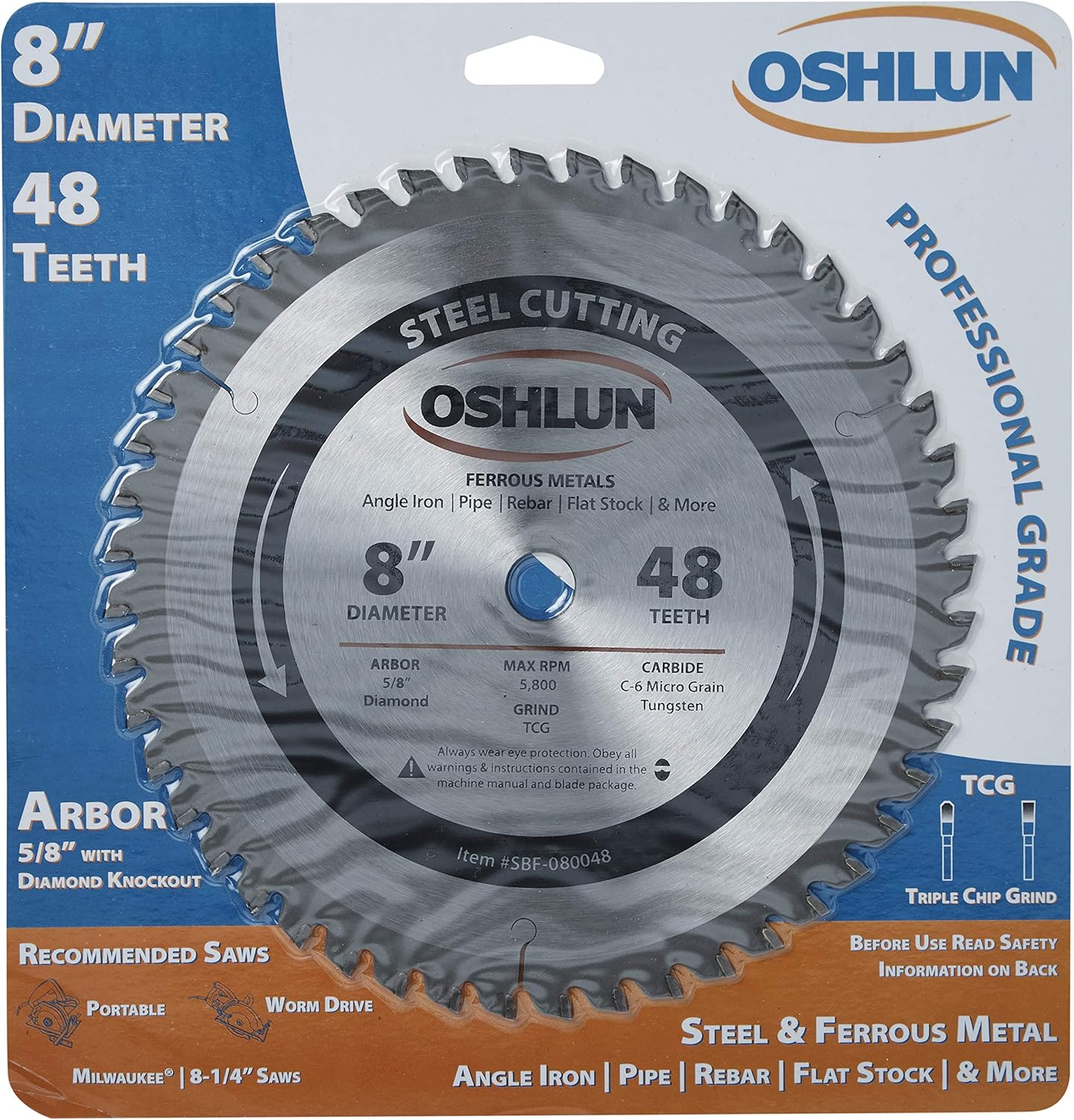 Oshlun SBF-080048 8-Inch 48 Tooth TCG Saw Blade with 5/8-Inch Arbor (Diamond Knockout) for Mild Steel and Ferrous Metals image number 1