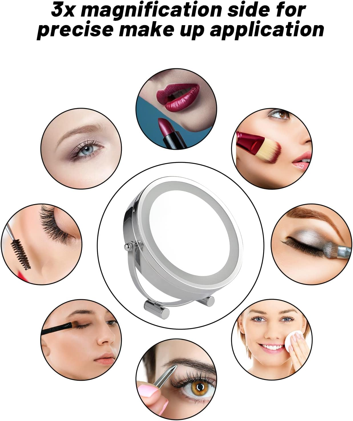 Clevinger round Vanity Mirror, 1X/3X Magnification Double-Sided LED Bedroom Makeup Mirror with Lights, Portable Lighted Tabletop Mirror, Table Desk Counter Top Mirror Bathroom Shaving Mirror image number 5