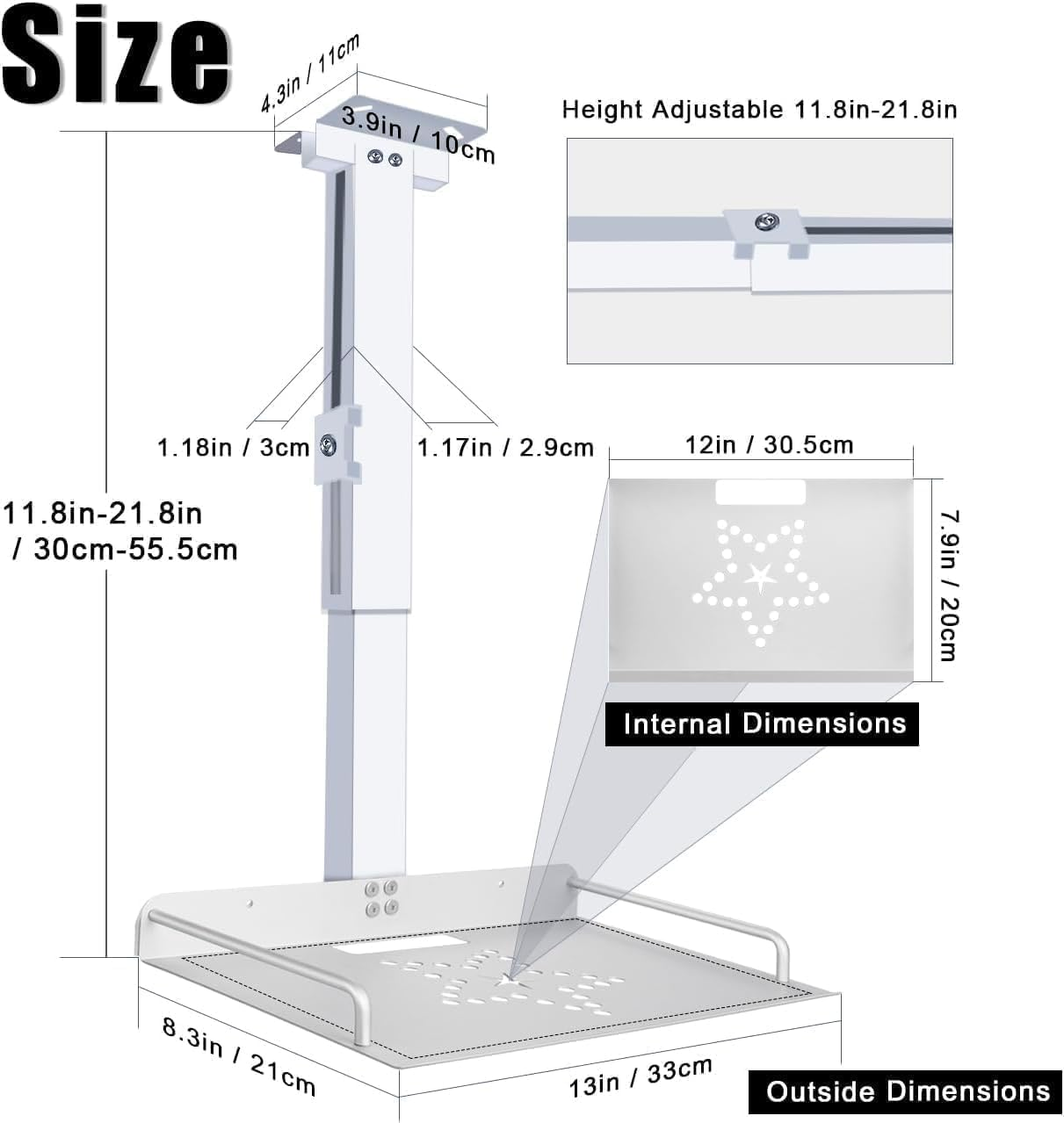 2-Be-Best Universal Projector Ceiling Mount with Tray, 11.8IN-20.5IN / 30CM-52CM Height Adjustable Projector Shelf Mount Extendable Ceiling Projectors Mounts Upgraded White image number 1