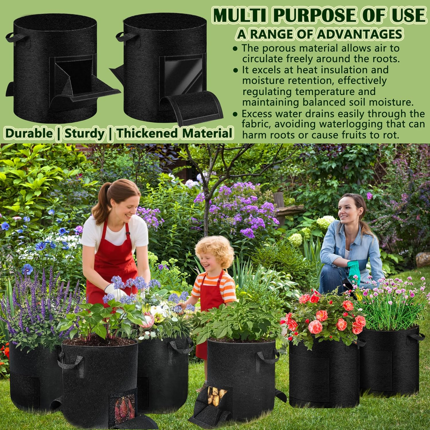 2-Pack 15 Gallon Potato Grow Bags - Plant Growing Bags with Handles & 2 Visible Flap for Potatoes, Carrots, Tomatoes and Other Vegetables image number 3