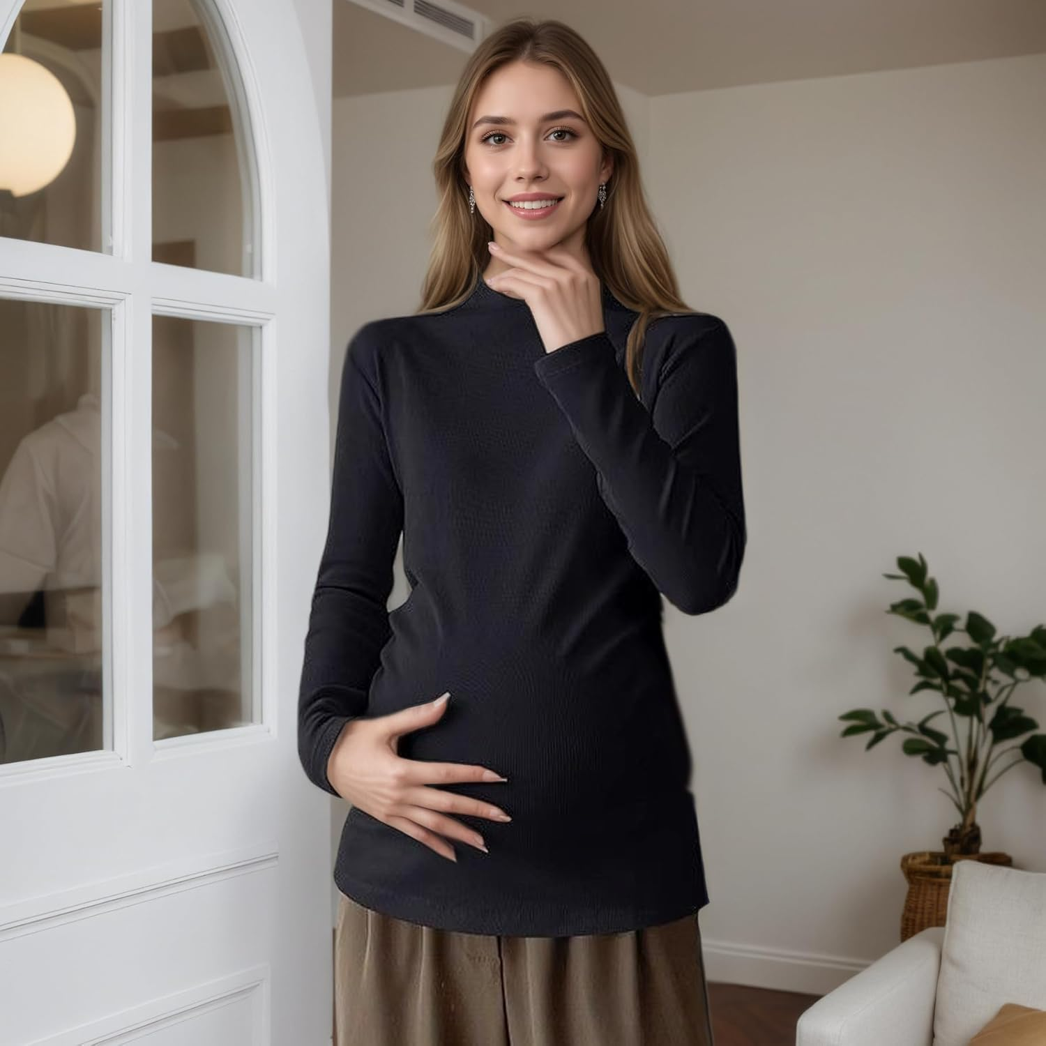 Maternity Long Sleeve T-Shirt &ndash; Soft Stretch Mock Neck Base Layer Top for Fall Winter, Thermal Lightweight Undershirt image number 1