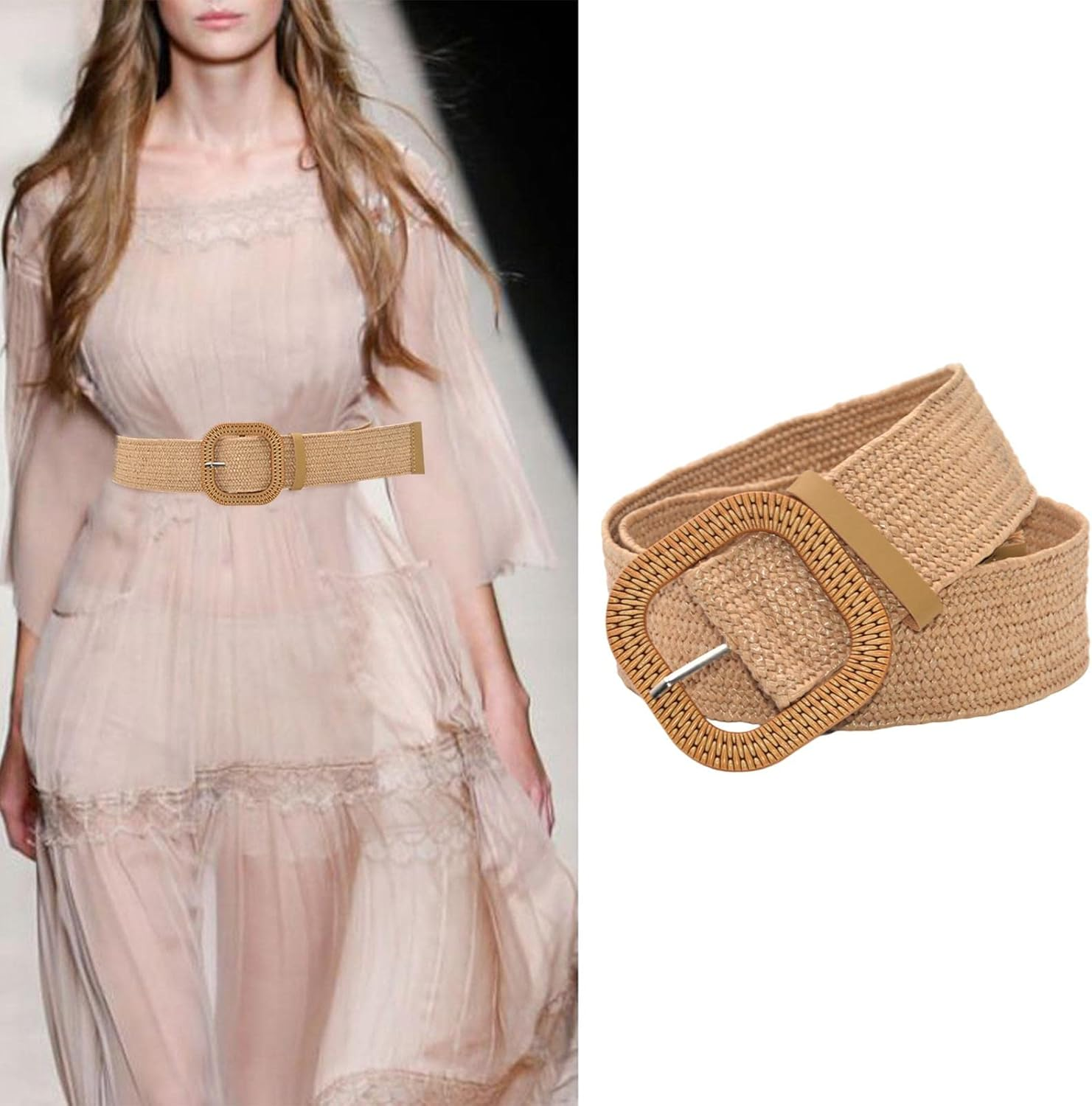 Kowaku Retro Style Wide Straw Woven Waist Belt Elastic Waistband Long for Birthday Women image number 5