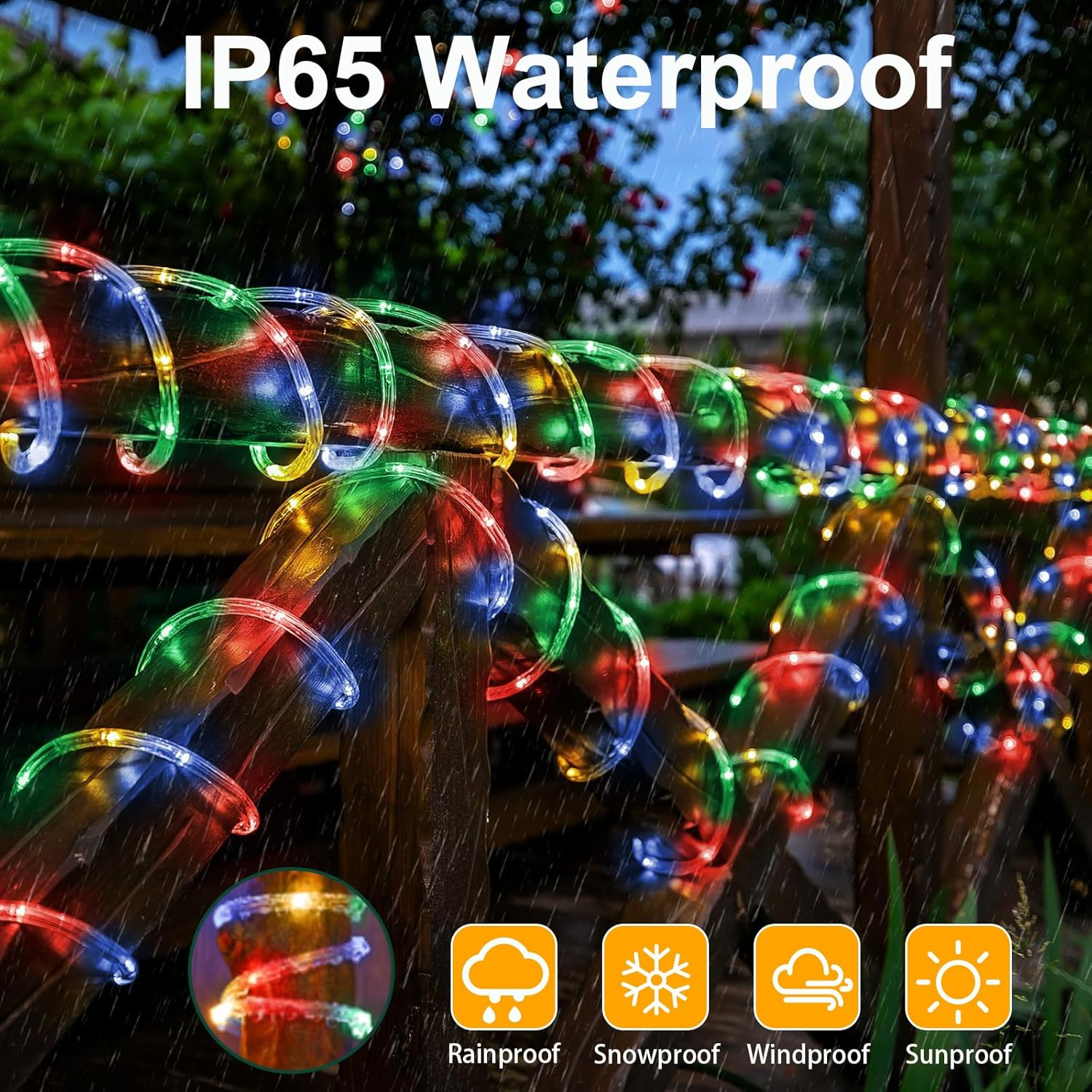 Solar Rope Lights, 12M100Led Solar String Lights IP65 Waterproof, Solar Outdoor Lights with 8 Modes Anti-Tangling for Camping Fence Garden Party Christmas Halloween Holiday Wedding (2 Packs Colorful) image number 3