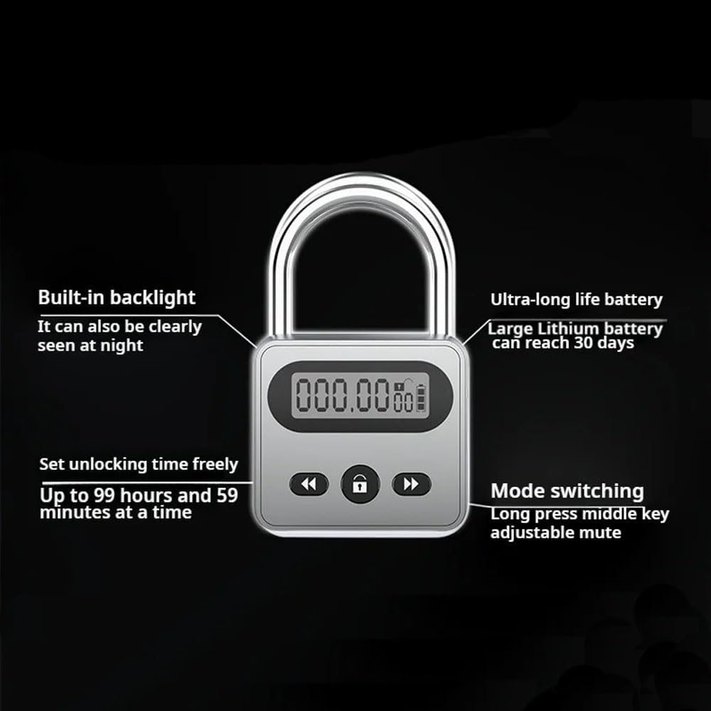 Meichoon Metal Timer Lock Stainless Steel Multi-Function Intelligent Padlock Backlit Display 999 Hours Max Timing for Preventing Addiction and Bad Habits Silver - Silver image number 4