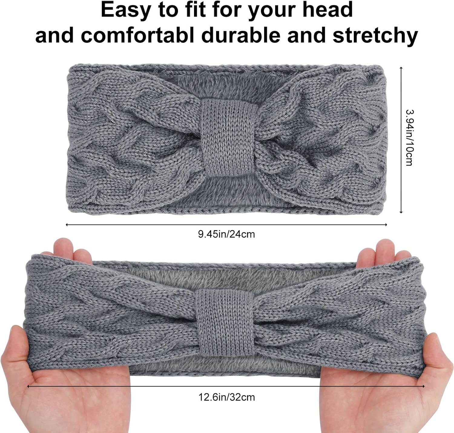 Pack of 2 Women'S Winter Headbands, Girls' Lined Fleece Hair Band, Elastic Headband, Knitted Headband, Women'S Headband, Knitted Headwrap, for Autumn and Winter (Black + Grey) image number 2