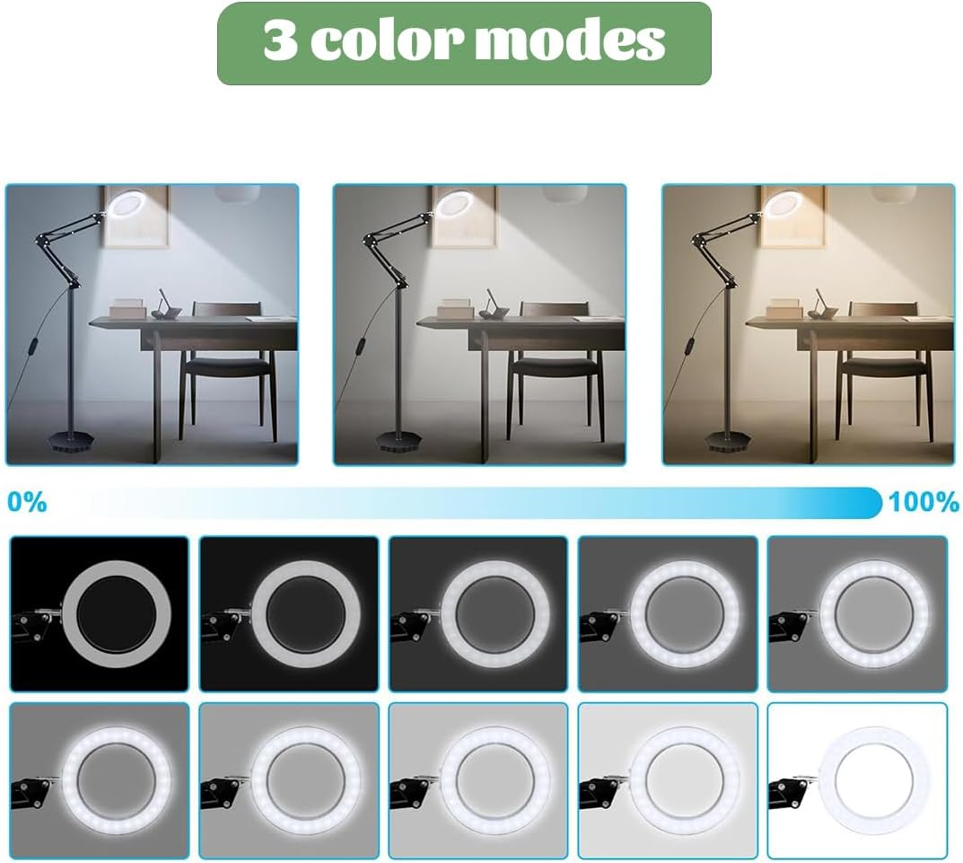10X Magnifying Glass with Light and Stand, 3-In-1 Adjustable Swing Arm Magnifying Floor Lamp, Adjustable Color Temperature & Dimmable Lighted Magnifier Lamp with Clamp for Reading,Close Work image number 2