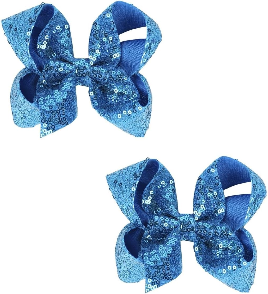 6 Inch Blue Sparkly Glitter Sequin Hair Bows for Girls Toddlers Kids Children Teenage (2PCS)