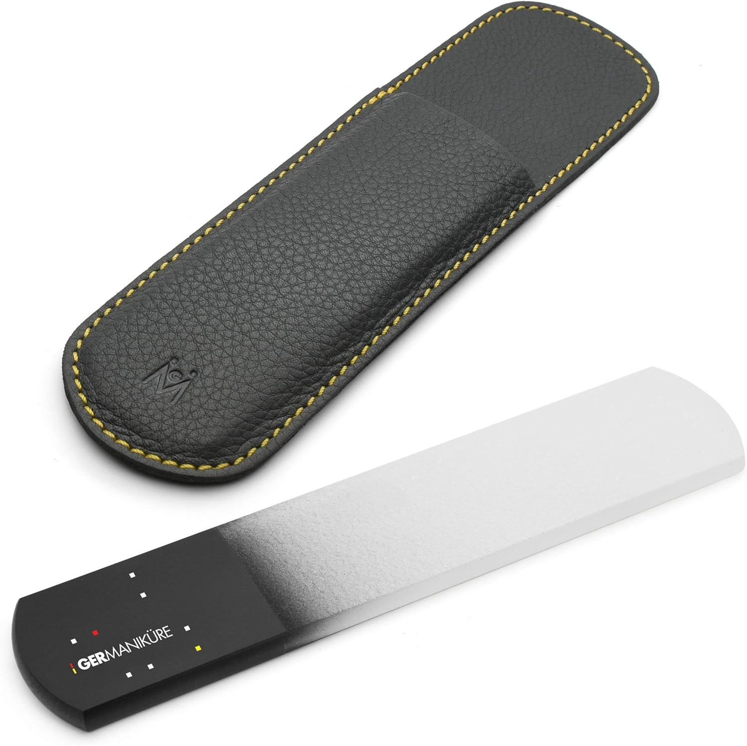 GERMANIKURE Black Glass Nail File & Pedicure Bar Set in Leather Sleeves - Ethically Made in Czech Republic - Professional Manicure & Pedicure Kit for Fingernail Care, Foot Callous & Dry Skin Removal