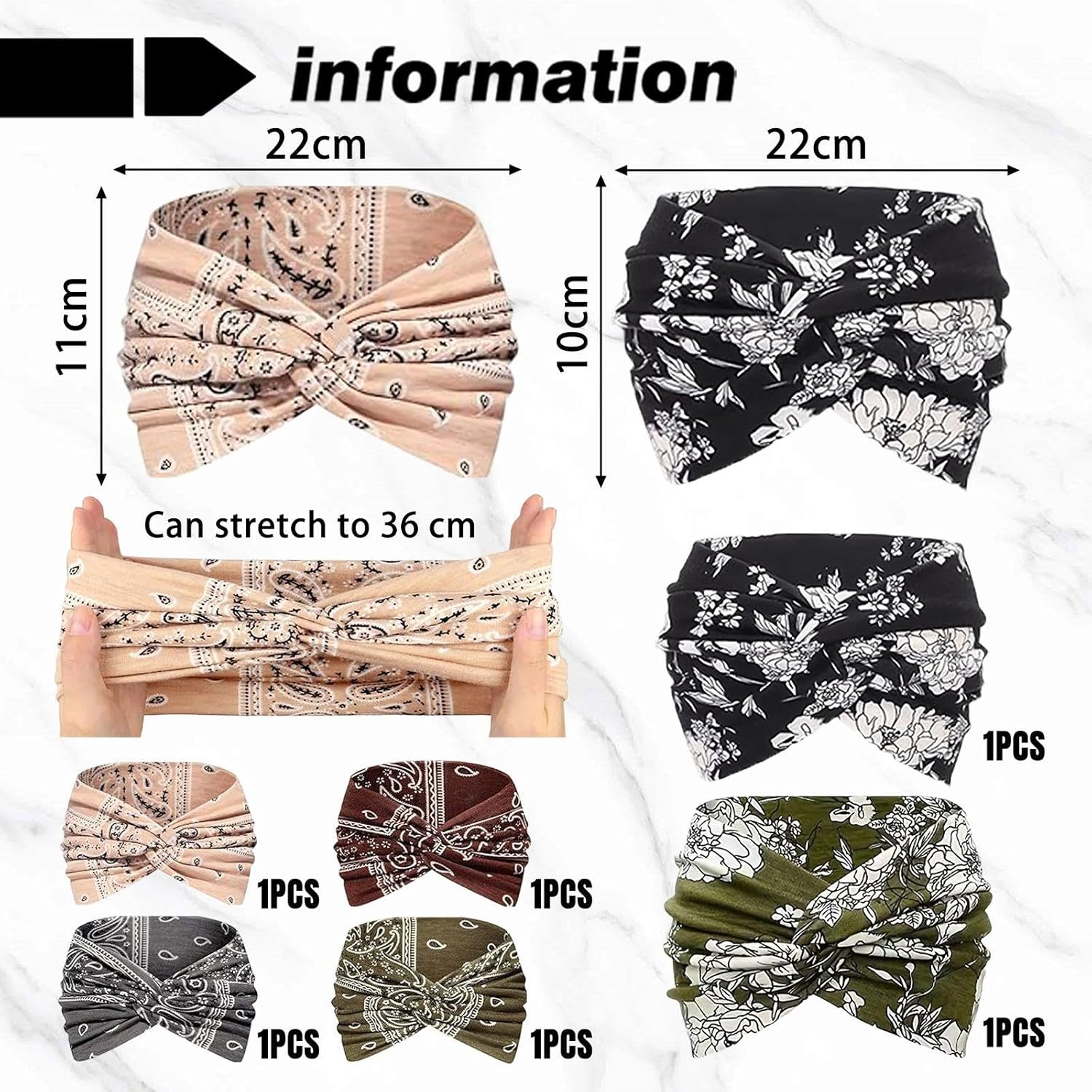 Pack of 6 Printed Headbands for Women, Retro Headbands, Yoga Sports Headbands, Non-Slip Sweat-Absorbing Headbands, Bohemian Style Hair Accessories with Wide Brim image number 3