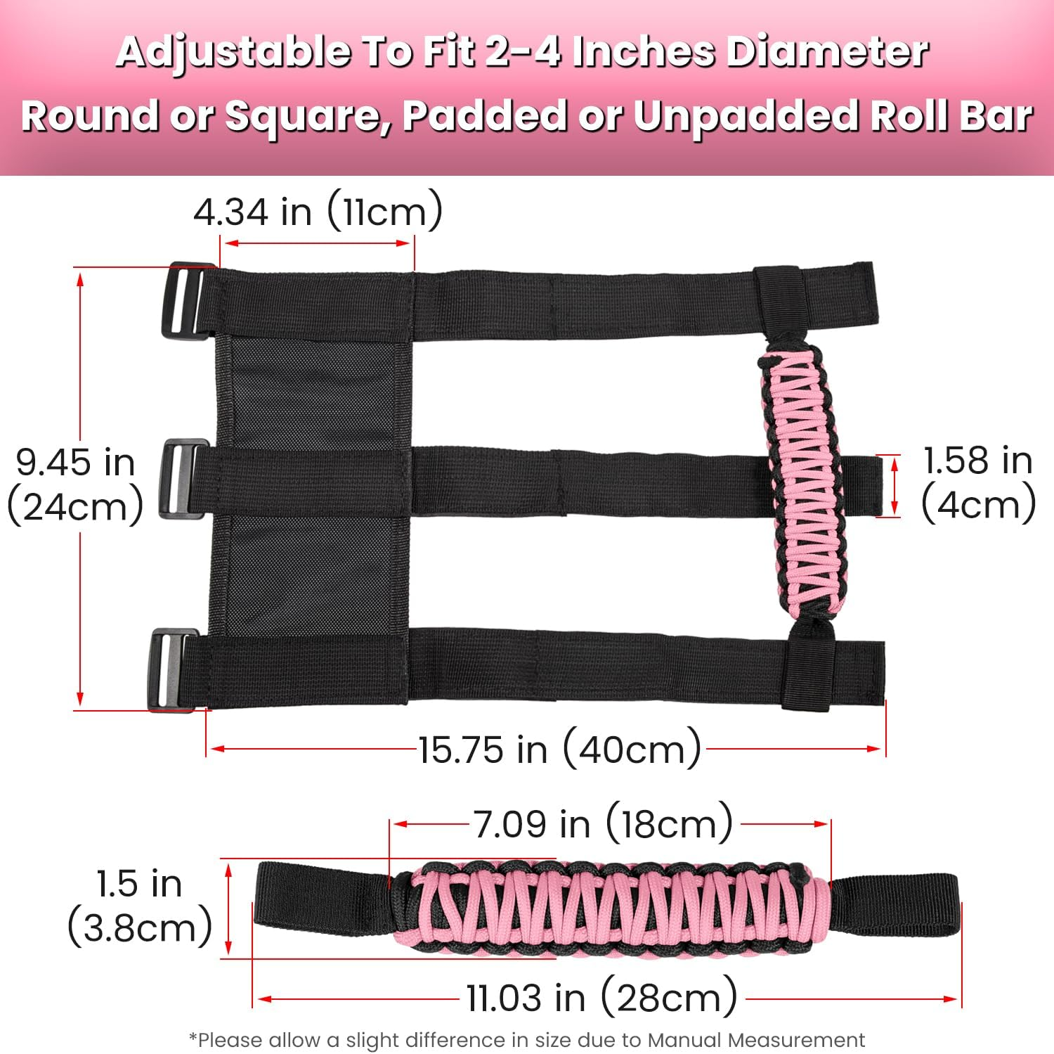 Roll Bar Grab Handles Grip Handle for Jeep Wrangler YJ TJ JK JKU JL JLU Sports Sahara Freedom Rubicon Unlimited X Gladiator JT 1955-2022 UTV ATV Premium Paracord (Pink 2PCS) - Blue image number 5