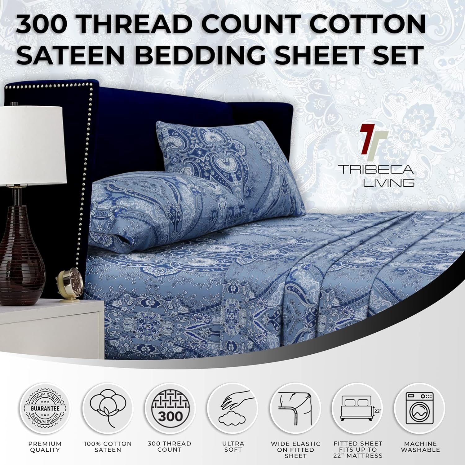 Tribeca Living Atlantis Printed Egyptian Cotton Deep Pocket Sheet Set, Queen, Multicolor image number 1