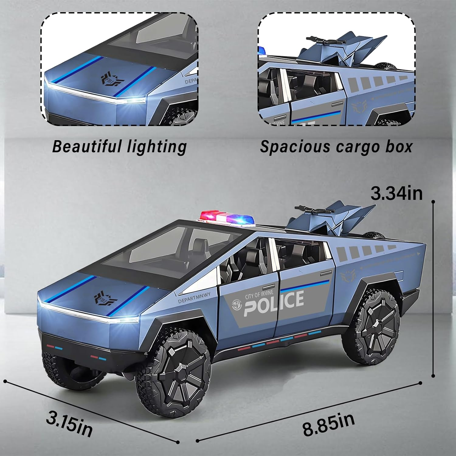 Cybertruck Toy Trucks Police Cars Cybertquad Alloy Die-Cast Truck 1/32 Toy Cars Race with Sound and Light (Purple) - Purple image number 3